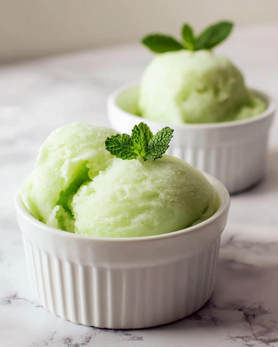 The image shows two white ramekins placed on a white marbled surface. The ramekin in the front is filled with two scoops of light green sorbet with a smooth, slightly textured surface, topped with two small fresh green mint leaves. The ramekin in the background contains one scoop of the same light green sorbet, slightly blurred from depth of field. The overall look is fresh and creamy. Photo taken with an iphone --ar 4:5 --v 7