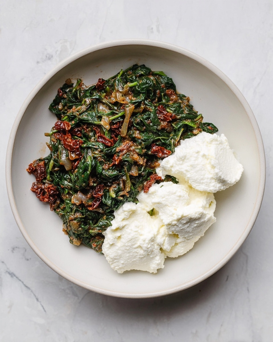 A round white bowl holds two main layers: on the left side, there is a pile of cooked spinach mixed with small pieces of browned onion and dark red sun-dried tomatoes, creating a mix of dark green, golden brown, and deep red colors with a slightly oily texture; on the right side, there are three dollops of fluffy white ricotta cheese with a creamy texture, adjacent to the spinach mixture. The bowl sits on a white marbled surface. photo taken with an iphone --ar 4:5 --v 7