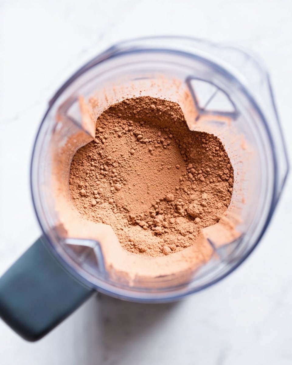 The image shows a clear blender container placed on a white marbled surface. Inside the blender, there is a single layer of light brown cocoa powder with a fine, powdery texture spread evenly across the bottom. The blender handle is dark gray and visible to the left side of the container. The scene is bright and well-lit, highlighting the soft texture and warm color of the cocoa powder. photo taken with an iphone --ar 4:5 --v 7