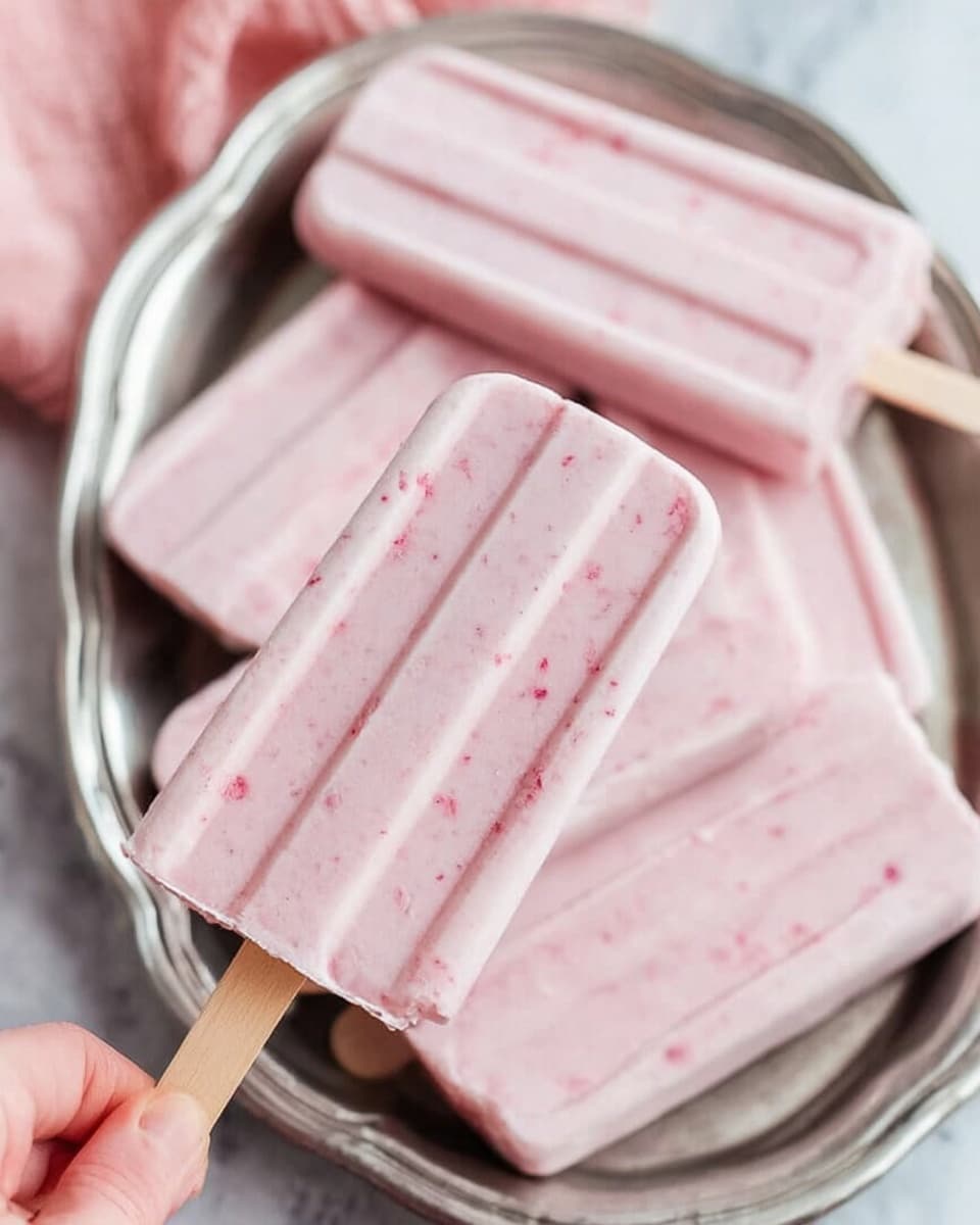 The image shows several pale pink popsicles with small red specks inside, arranged on a shiny silver tray. Each popsicle has three long grooves running down its length, creating a structured look. A woman's hand is holding one popsicle at the bottom where the wooden stick is visible. The background is a white marbled surface softly blurred, with a light pink cloth adding color around the edges. The overall look is fresh and cool, highlighting the smooth and creamy texture of the popsicles photo taken with an iphone --ar 4:5 --v 7