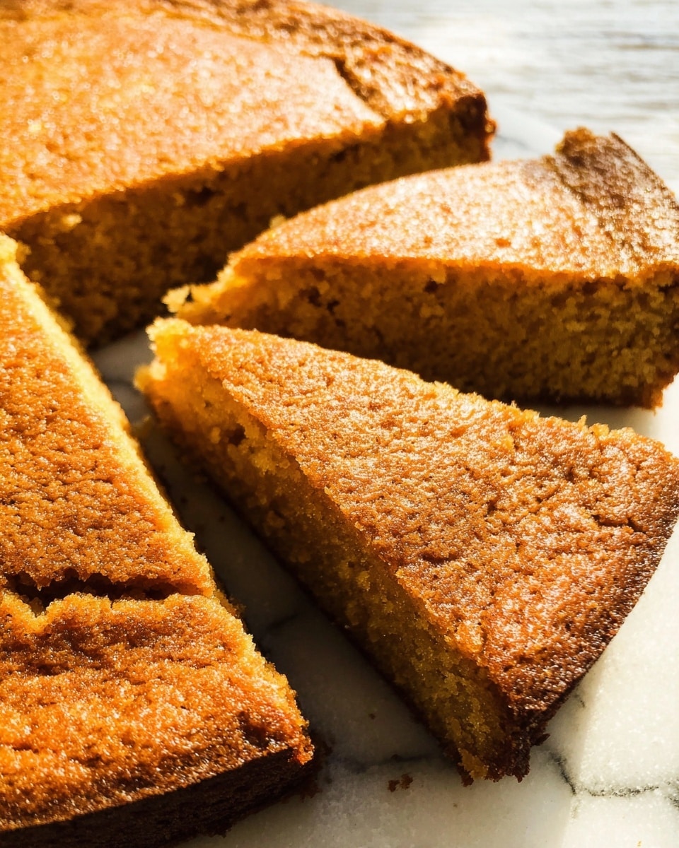 A close-up view of a round, golden-brown cake sliced into triangular pieces. The cake has a slightly cracked top with a crumbly texture and a dense, moist inside visible through the cracks. Three slices are shown aligned closely on a white marbled surface, with the light creating a warm, inviting tone on the cake's surface. photo taken with an iphone --ar 4:5 --v 7