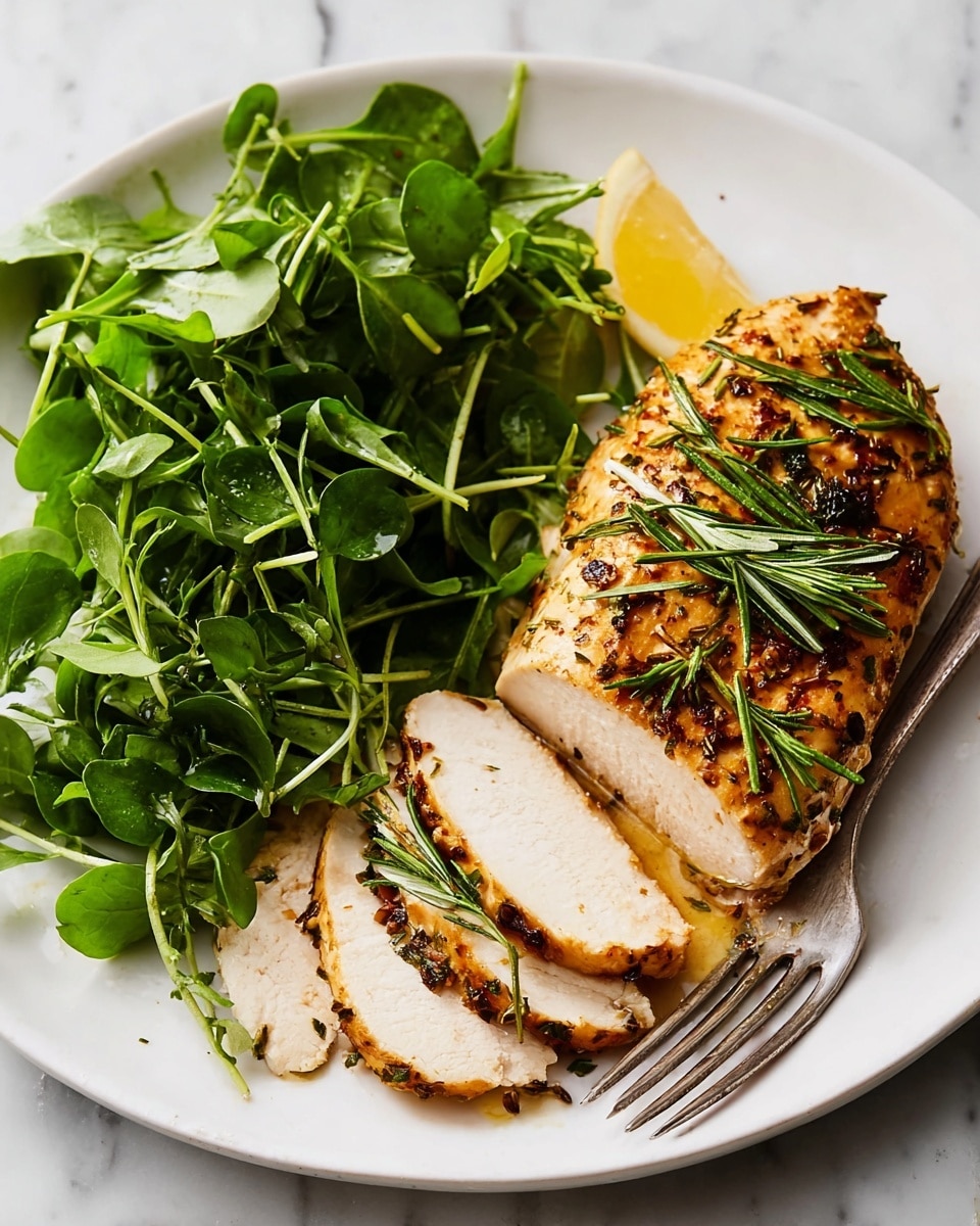 A white plate holds a sliced, cooked chicken breast with a golden-brown, slightly glistening herb crust seasoning, topped with fresh green rosemary sprigs. To the right of the chicken is a large pile of fresh, dark green watercress leaves. A wedge of lemon with a light yellow-green tint rests partially on the watercress. A silver fork is placed in the watercress, with some leaves resting on its tines. The plate is set on a white marbled surface. photo taken with an iphone --ar 4:5 --v 7