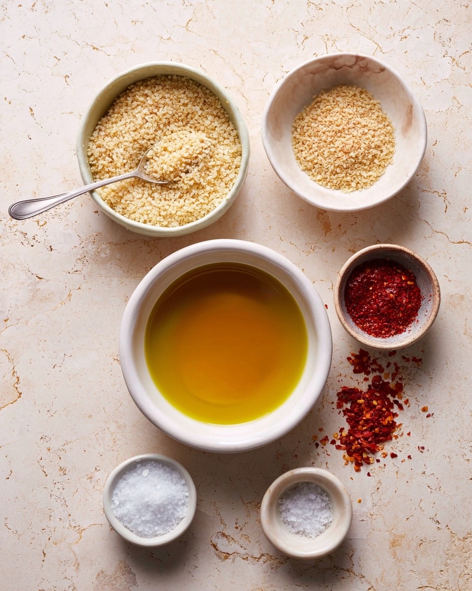 The image shows six small white bowls arranged on a white marbled surface. The largest bowl near the center right is filled with golden yellow oil, smooth and glossy. Nearby, a white bowl with a spoon holds light beige granules with a rough texture. Above it, a smaller bowl contains more of the same beige granules without a spoon. To the right, two small white bowls hold red spices, one a fine powder and the other crushed red flakes. At the bottom, a tiny white bowl contains coarse white salt. The bowls are spaced evenly, creating a simple, clean arrangement. Photo taken with an iphone --ar 4:5 --v 7