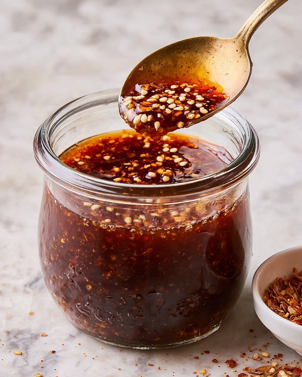 A clear glass jar is filled with a dark reddish-brown sauce that has small pieces of light tan crushed chili flakes and seeds floating throughout. A spoon is lifted out of the jar, carrying a scoop of the thick sauce mixed with chili flakes, showing a shiny wet texture and small bubbles. The scene is set on a white marbled texture with a small white bowl filled with more chili flakes visible on the right side. Photo taken with an iphone --ar 4:5 --v 7