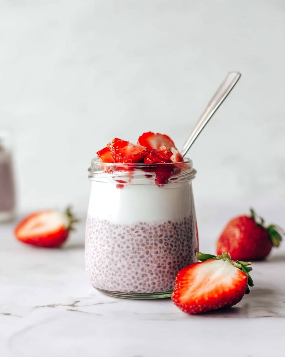 A small clear glass jar holds three layers: the bottom layer is pale purple chia pudding with a bumpy, seed-filled texture, topped by a smooth and thick white yogurt layer, and finished with fresh bright red strawberry halves scattered on top. A thin metal spoon sticks out from the jar. Around the jar, whole strawberries and strawberry halves lie on a white marbled surface. The background is soft white with subtle patterns. photo taken with an iphone --ar 4:5 --v 7