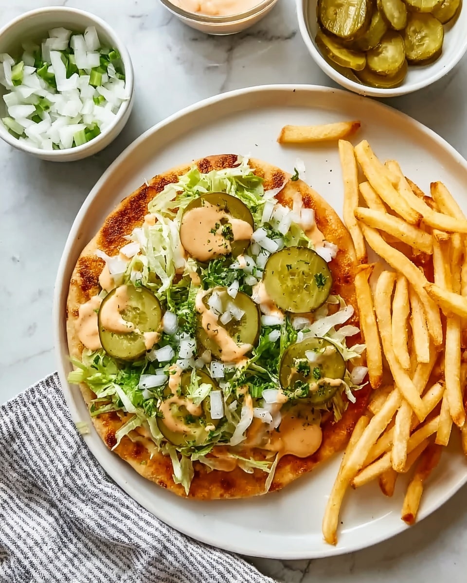 A white round plate holds a toasted flatbread base with a golden-brown color and slightly crispy edges. On top, there is a layer of sliced pickles arranged evenly, covered by shredded green lettuce, and finely chopped white onions sprinkled over the top. A creamy light orange sauce is drizzled over the veggies. Alongside the flatbread, several golden-yellow French fries rest on the plate. The plate sits on a white marbled surface with a small white bowl of chopped onions and another white bowl holding pickle slices nearby. A striped cloth napkin is partially visible at the bottom left corner of the image. Photo taken with an iphone --ar 4:5 --v 7