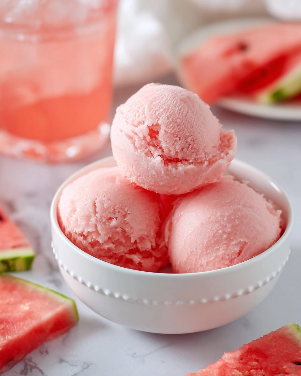 Three smooth, round scoops of light pink sorbet sit closely together in a white bowl with small raised dots along the rim. The sorbet has a soft icy texture and gentle cracks on its surface. Around the bowl, bright pink pieces of sliced watermelon with green rind and visible seeds lay on a white marbled surface. A blurred pink drink with ice is in the background. Photo taken with an iphone --ar 4:5 --v 7
