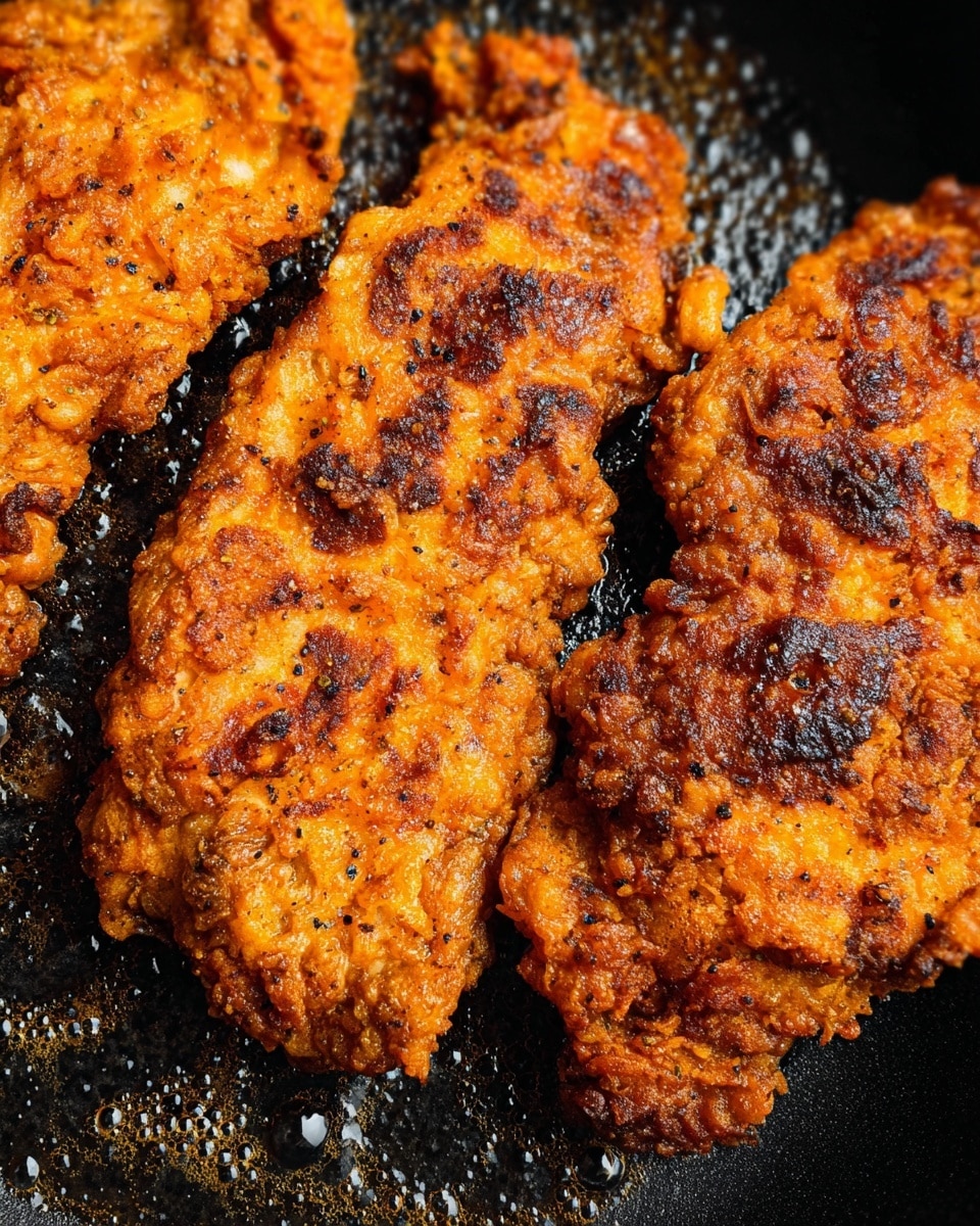 The image shows three pieces of fried chicken on a black pan with a shiny texture. Each piece is thickly coated with a golden-brown crispy crust that has dark brown spots where it is more cooked. The coating is rough and uneven, with some parts looking crunchy and others slightly oily. The color of the crust is a mix of orange and light brown with some black pepper seasoning visible. The pieces are close together, filling most of the frame, and the pan surface has small bubbles of oil and grease around the chicken. photo taken with an iphone --ar 4:5 --v 7