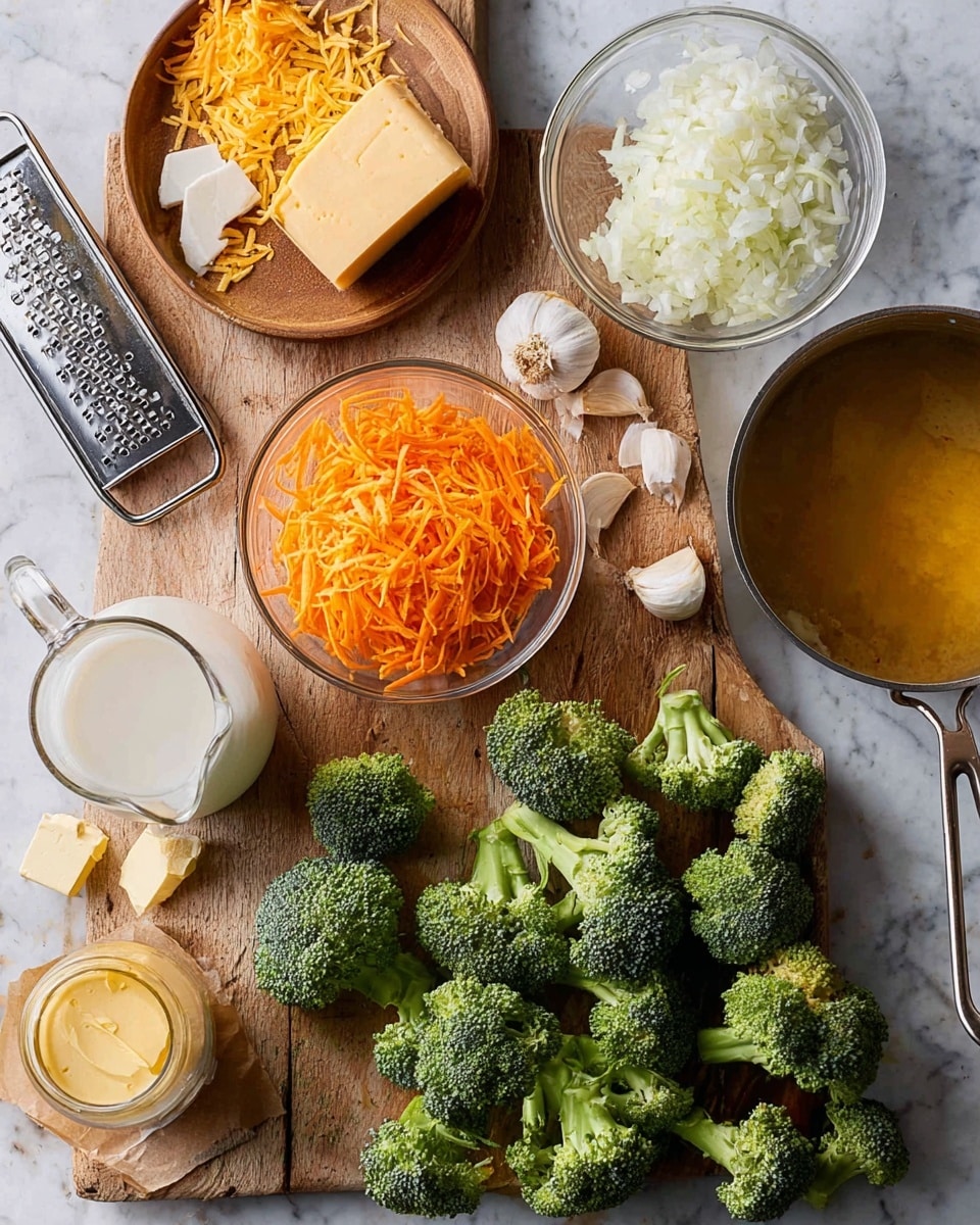 The image shows a wooden board on a white marbled surface with fresh broccoli florets spread across the right and bottom sections. In the center, there is a clear glass bowl filled with thin, bright orange carrot strips. Above it, there is a round glass bowl with finely chopped white onions. To the top left, a wooden plate holds a block of yellow cheddar cheese along with a metal cheese grater and piles of shredded cheddar. A rectangular slab of butter, cut into pieces, sits partially unwrapped near the bottom left. A small glass jar of mustard with some mustard missing is placed near the middle left. Three garlic cloves, peeled and unpeeled, are scattered on the wooden board's right bottom side. Above the broccoli and jar is a tall glass of creamy white milk. Near the bottom left corner, a clear measuring cup contains orange vegetable broth or juice. A round pan with a metal handle is positioned in the top right side of the image. photo taken with an iphone --ar 4:5 --v 7