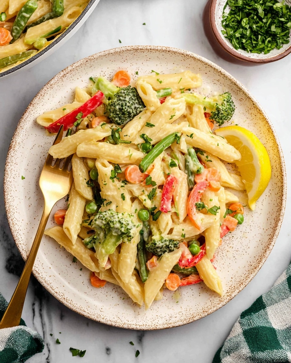 A white speckled plate holds one layer of creamy pasta mixed with colorful vegetables including green broccoli and peas, orange carrot sticks, green beans, and red bell pepper strips, all coated in a light cream sauce. Two lemon wedges sit on the top right edge of the pasta layer. The pasta shapes are smooth penne tubes, and some green chopped herbs are scattered on top for garnish. A gold fork rests on the left side of the plate, partly under the pasta. The plate is set on a white marbled surface, with a small bowl of chopped green herbs in the top right corner and a green and white checkered cloth toward the bottom left. Part of a white pan filled with the same creamy pasta and vegetables is seen in the top left corner. Photo taken with an iphone --ar 4:5 --v 7