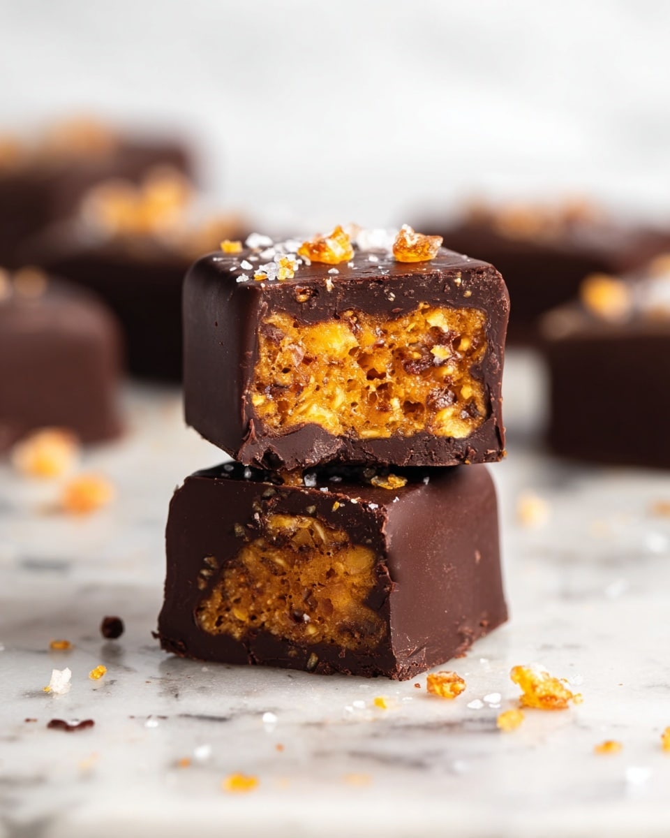 The image shows a close-up of two square-shaped chocolate bars stacked on top of each other on a white marbled surface. Each bar has a thick dark chocolate outer layer with a smooth, shiny texture and rough bits of orange crunchy pieces inside. The inner filling is dense with an orange color, mixed with small crunchy bits scattered throughout. A small amount of flaky salt and crunchy crumbs are sprinkled on top of the chocolate bars, adding texture. In the blurred background, there are more similar chocolate bars and scattered crumbs on the white marbled surface. photo taken with an iphone --ar 4:5 --v 7