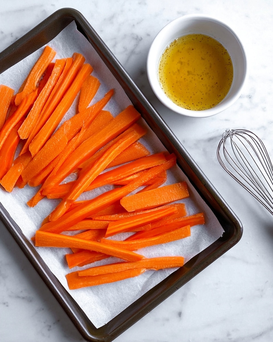 The image shows a baking tray lined with white parchment paper holding several peeled and sliced orange carrots arranged in one single layer, with some carrots cut into long sticks and others into larger, flat pieces. To the top right of the tray, there is a small white bowl filled with a golden yellow liquid dressing or sauce that looks slightly chunky in texture. Next to the bowl lies a metal whisk, all set on a white marbled surface. The colors in the image include bright orange from the carrots, shiny silver from the whisk, and warm yellow from the sauce, creating a clean and simple cooking scene. photo taken with an iphone --ar 4:5 --v 7