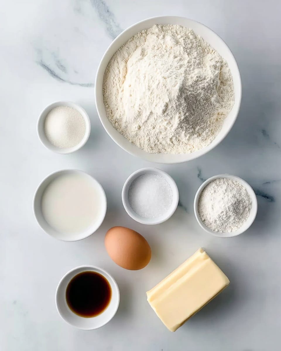 The image shows seven white round bowls and dishes arranged on a white marbled surface. The largest bowl at the top holds a large amount of white flour with a soft and powdery texture. Below it, slightly to the left, is a medium bowl filled with fine white sugar, showing a smooth and granulated surface. Next to the sugar, on the right, is a small bowl containing white salt, and below the salt is another small bowl with white baking powder. To the bottom left, there is a small bowl containing light cream or milk with a smooth liquid inside. Just above it, a small white bowl has a dark brown liquid, likely vanilla extract, with a glossy surface. To the right of the vanilla is a single brown egg with a smooth shell, placed directly on the white marbled surface. At the bottom right corner of the image lies a stick of pale yellow butter with a slightly shiny texture, also placed on the marbled surface. The whole setup looks clean and well organized. photo taken with an iphone --ar 4:5 --v 7