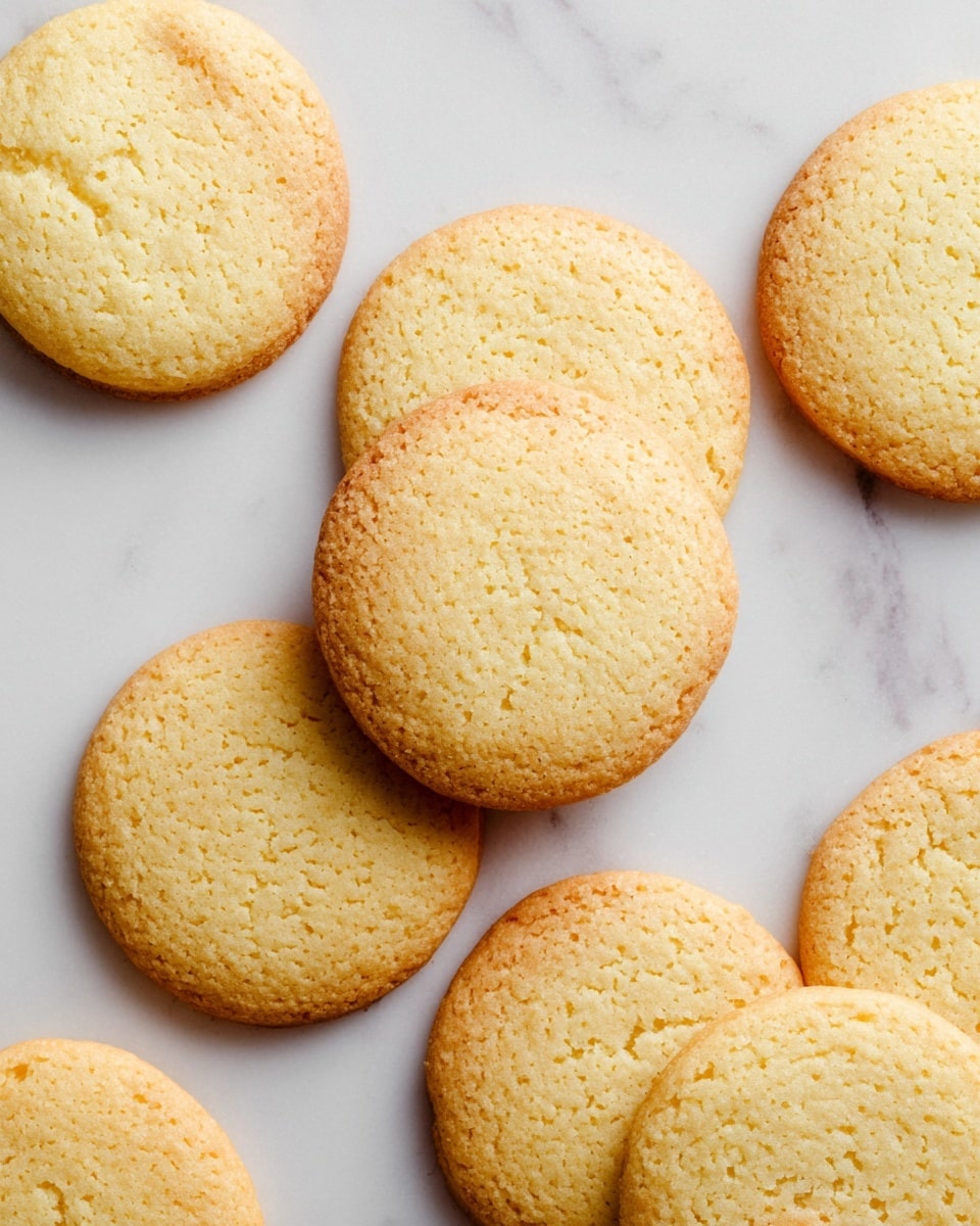 Several round, golden-baked cookies are laid out in a scattered pattern on a white marbled surface. Each cookie has a slightly uneven but soft textured top with little tiny air bubbles. The cookies are light golden to a soft brown color on the edges, with the center being a pale yellow. The surface shows a slight crispness but looks tender overall. They are all flat and thin with no visible toppings or decorations. Photo taken with an iphone --ar 4:5 --v 7