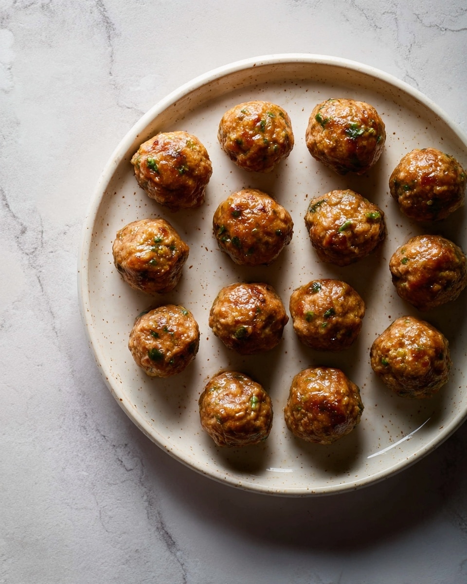 A white speckled plate with round brown meatballs arranged in a neat circular pattern, each meatball showing a textured surface with bits of green herbs visible, placed on a white marbled surface that highlights their golden-brown color and glossy finish from slight oil or moisture, creating an inviting and warm look photo taken with an iphone --ar 4:5 --v 7