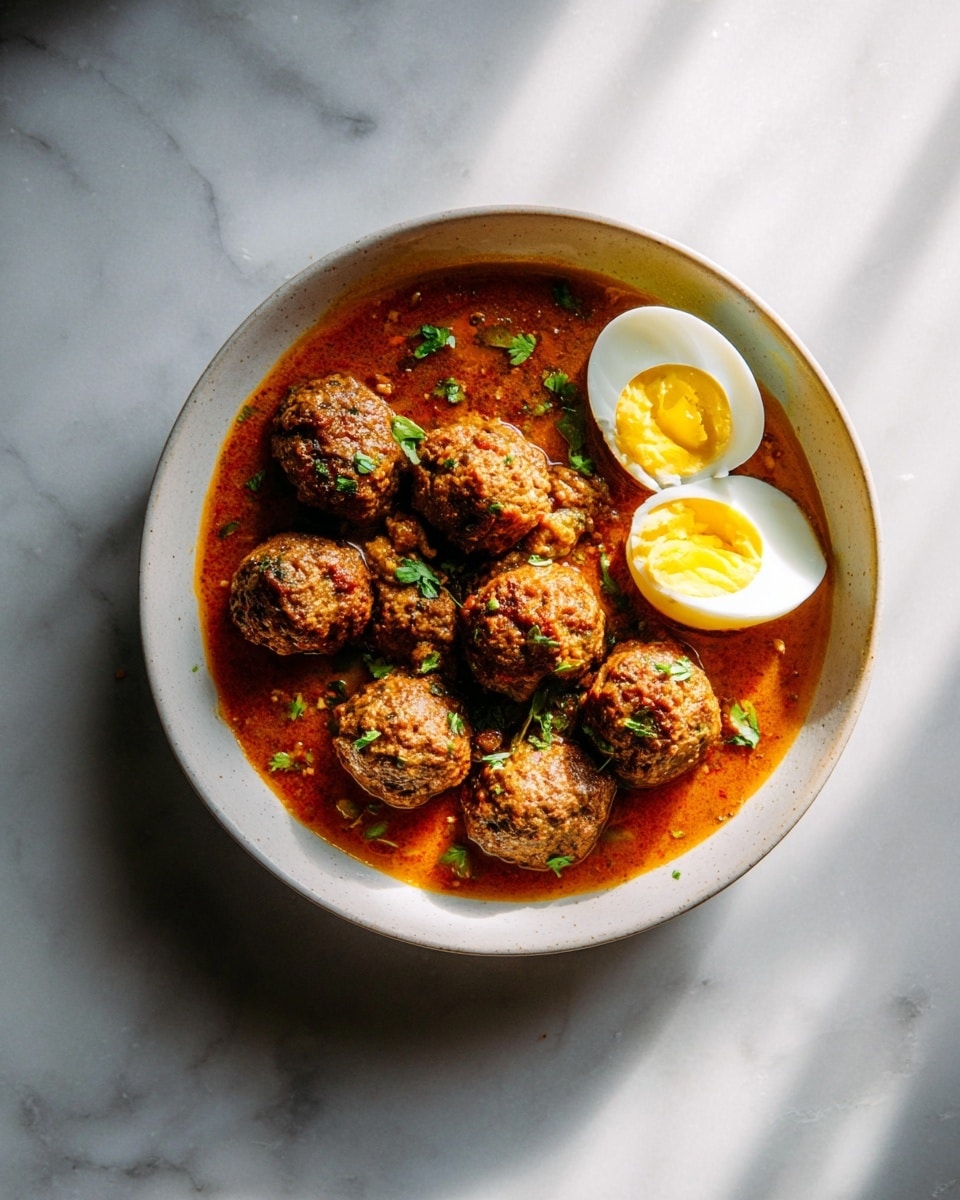 The image shows a white bowl filled with a reddish-brown sauce topped with eight small, round meatballs that have a slightly rough texture and a browned surface. On the right side of the bowl, there is a half of a boiled egg with a bright yellow yolk and white surrounding it. Small green herb pieces are scattered over the meatballs and sauce. The bowl is placed on a white marbled surface with soft shadows around it. Photo taken with an iphone --ar 4:5 --v 7