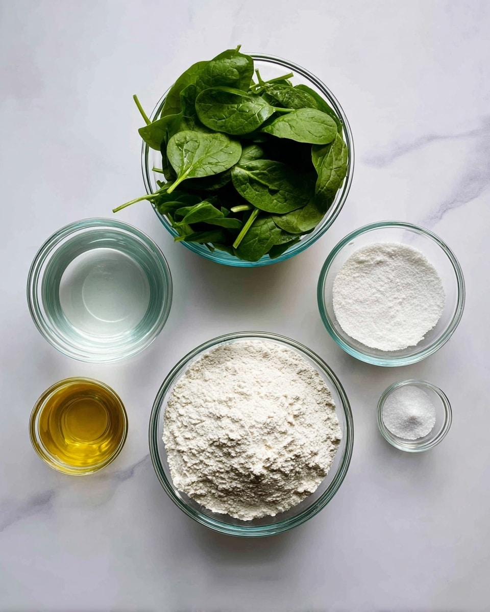 A top view of six glass bowls arranged on a white marbled surface, each holding different ingredients. The largest bowl, placed at the bottom right, contains white flour with a fine and powdery texture. Near the top left, a medium bowl is filled with fresh spinach leaves, dark green and slightly glossy with visible veins and stems. To the left of the flour, there is a small glass bowl of clear water, smooth and transparent. Below it, another small bowl holds golden-yellow oil with a shiny surface. On the top right side, two tiny bowls contain white powders, likely baking soda and salt, both having a fine, grainy texture. The setup is clean and simple with bright natural light highlighting the colors and details of the ingredients, photo taken with an iphone --ar 4:5 --v 7