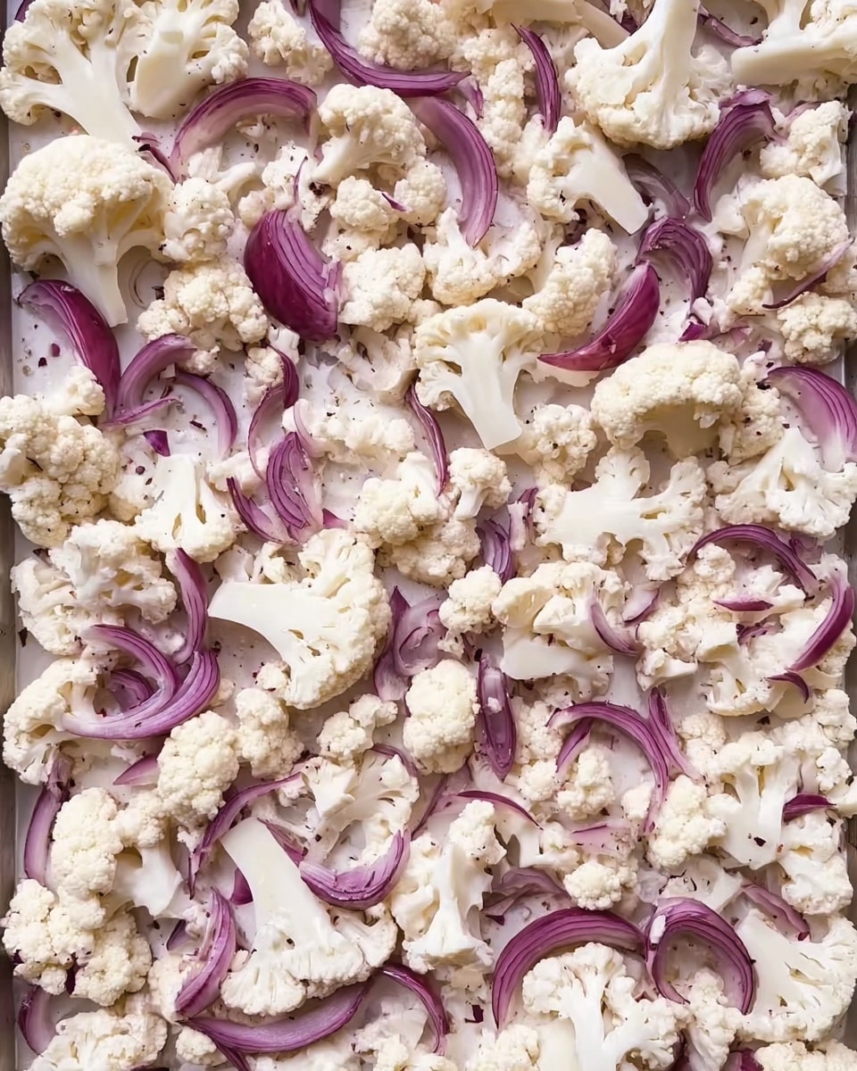 The image shows many small pieces of white cauliflower spread out evenly on a tray. Mixed among the cauliflower are thin, curved slices of purple-red onion, creating a contrast with the light cauliflower. The texture of the cauliflower is slightly rough and bumpy, while the onion slices look smooth and shiny. This mixture lies flat and covers the whole tray surface. The background is a white marbled texture. Photo taken with an iphone --ar 4:5 --v 7