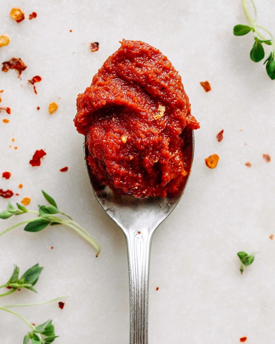 A close-up image of a silver spoon with a white handle filled with a thick, chunky, bright red tomato paste in the center, resting on a white marbled texture surface. Small green herb leaves and crushed red pepper flakes are scattered around the spoon, adding color and texture contrast to the background. The tomato paste has a slightly rough texture and holds its shape on the spoon. photo taken with an iphone --ar 4:5 --v 7