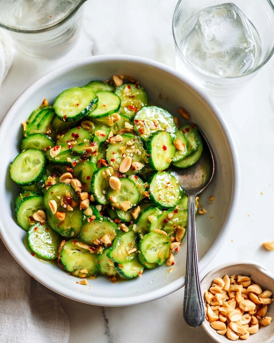 A white bowl on a white marbled surface holds a fresh cucumber salad with thick, bright green cucumber slices layered throughout. The cucumbers wear a light shine from dressing and are sprinkled with chopped peanuts and small red chili flakes, adding texture and a touch of reddish-brown color. A silver spoon rests on the right inside edge of the bowl. Near the bowl, there is a small bowl filled with more chopped peanuts and a glass of water with ice visible. The scene is bright and casual. Photo taken with an iphone --ar 4:5 --v 7
