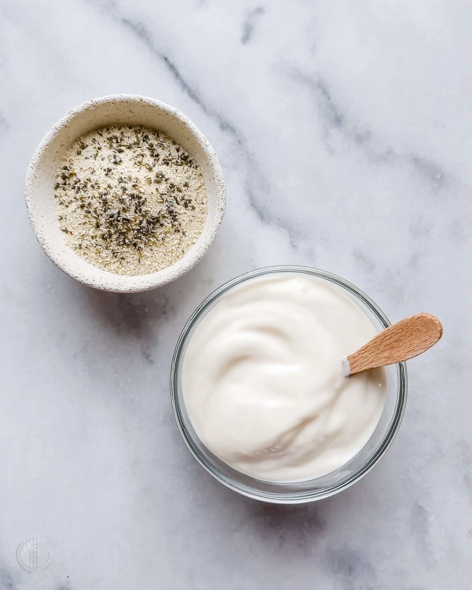 The image shows two glass bowls on a white marbled surface, one larger bowl at the bottom filled with smooth, white creamy yogurt, and a smaller bowl at the top filled with light beige powder mixed with small darker green and black bits, with a small wooden spoon resting on the edge. photo taken with an iphone --ar 4:5 --v 7