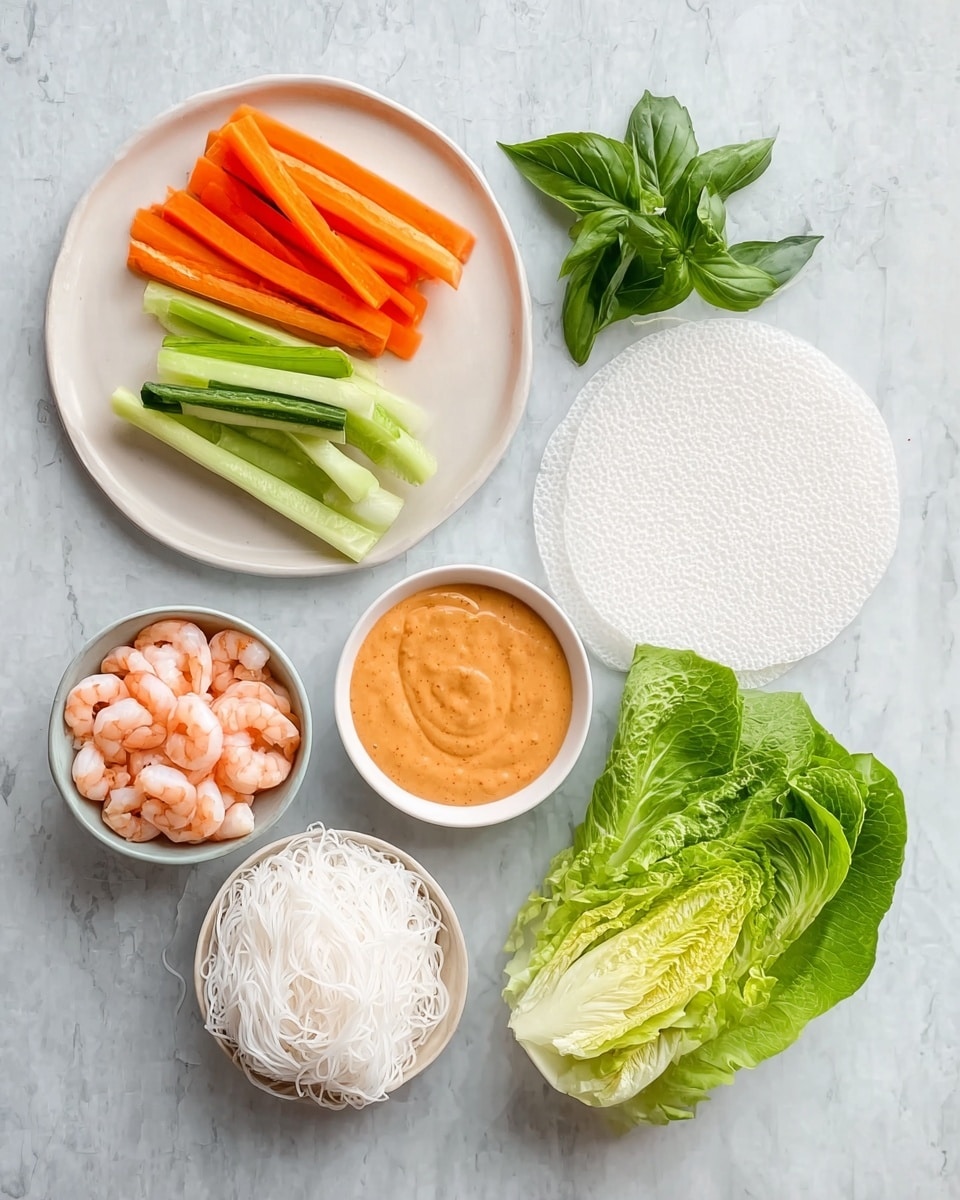 The image shows fresh ingredients arranged neatly on a white marbled surface. There is a white plate with three different types of vegetable sticks – bright orange carrots, light green cucumber, and green onion – all placed side by side. Next to it is a small white bowl containing a thick, creamy orange sauce. Fresh green basil leaves are placed to the right of the bowl. Below these, there are two round bowls: one filled with fine white rice noodles, and the other with small, cooked pink shrimp. To the right of these bowls is a single white rice paper sheet and a fresh, light green Romaine lettuce leaf. The photo taken with an iphone --ar 4:5 --v 7