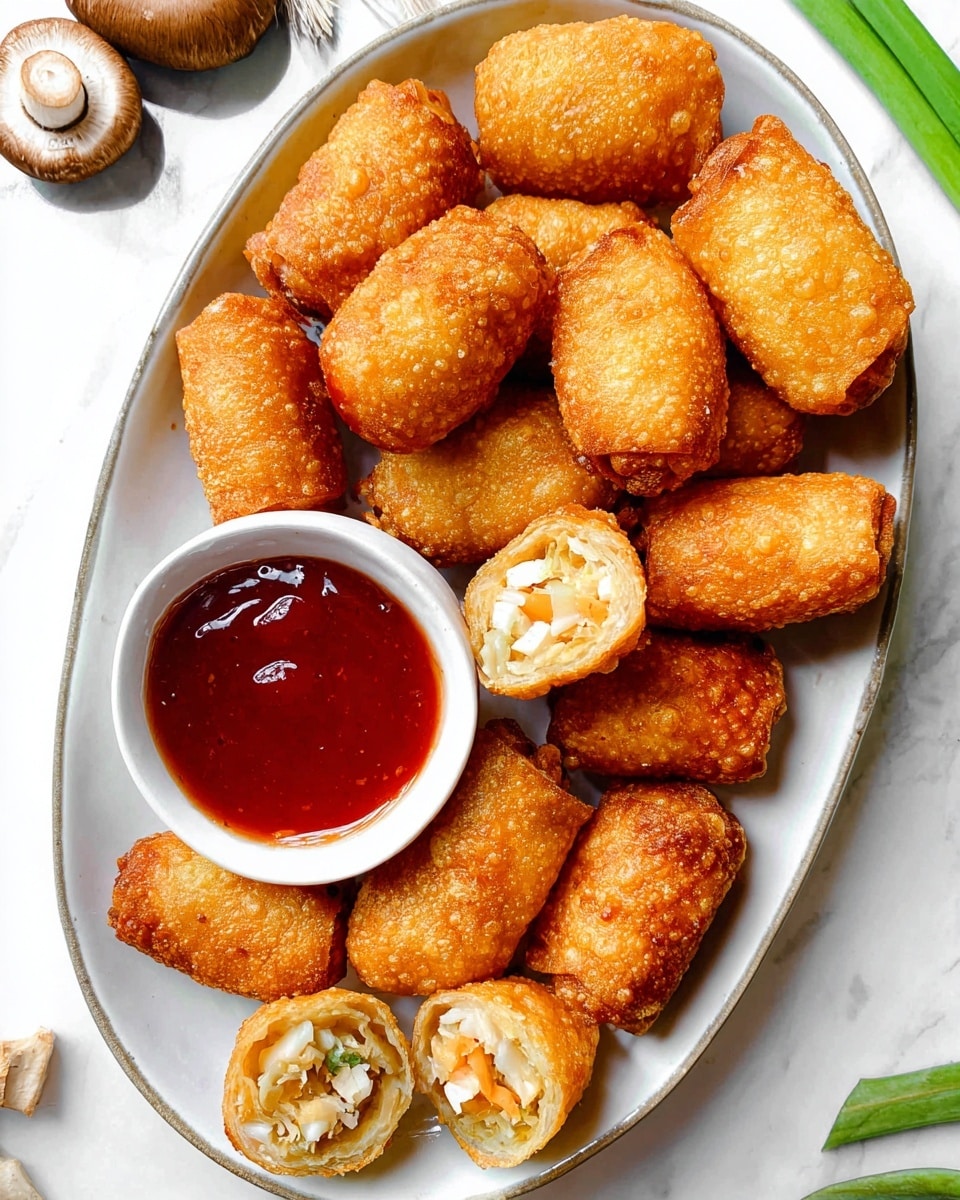 A white oval plate holds about a dozen small golden fried rolls, each with a bubbly and crispy texture on the outside. One roll is dipped halfway in a shiny red sauce, while another is split open to reveal a filling of white and orange pieces inside. To the left side of the plate is a small white bowl filled with more of the same glossy red sauce. The plate rests on a white marbled surface with a few shiitake mushrooms and a green stalk partly visible in the upper corners. Photo taken with an iphone --ar 4:5 --v 7