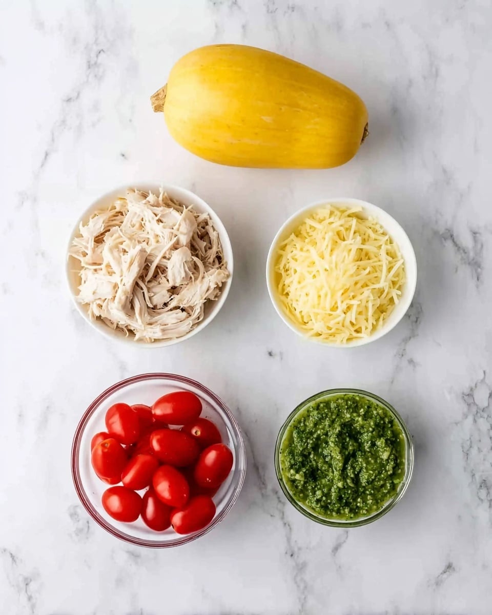 The image shows five food items arranged on a white marbled surface. At the top center, there is a whole yellow spaghetti squash with a smooth texture. Below it and slightly to the left is a clear white bowl filled with shredded light tan chicken. To the right of this bowl is a smaller clear white bowl containing pale yellow shredded cheese. At the bottom left, another clear white bowl holds bright red cherry tomatoes with smooth skins. Finally, at the bottom right, there is a small clear white bowl filled with vibrant green pesto sauce that has a slightly chunky texture. Photo taken with an iphone --ar 4:5 --v 7