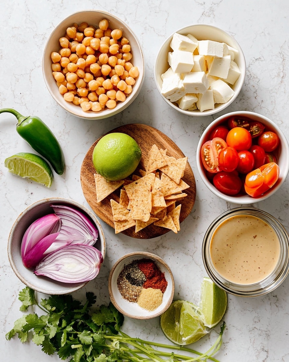 This image shows a top-down view of various fresh ingredients placed neatly on a white marbled surface. At the center is a small round wooden board holding a halved lime with bright green flesh and half a red onion with purple and white rings visible. Surrounding it, there are five white bowls: one filled with smooth chickpeas, another with creamy white cheese chunks, one holding red and orange grape tomatoes, another containing crispy pita chips, and a small bowl with mixed colorful spices. Near the bottom right, there is a clear glass bowl filled with light tan tahini sauce. Fresh green cilantro stalks and two halved green chili peppers showing their seeds lie beside the bowls. photo taken with an iphone --ar 4:5 --v 7