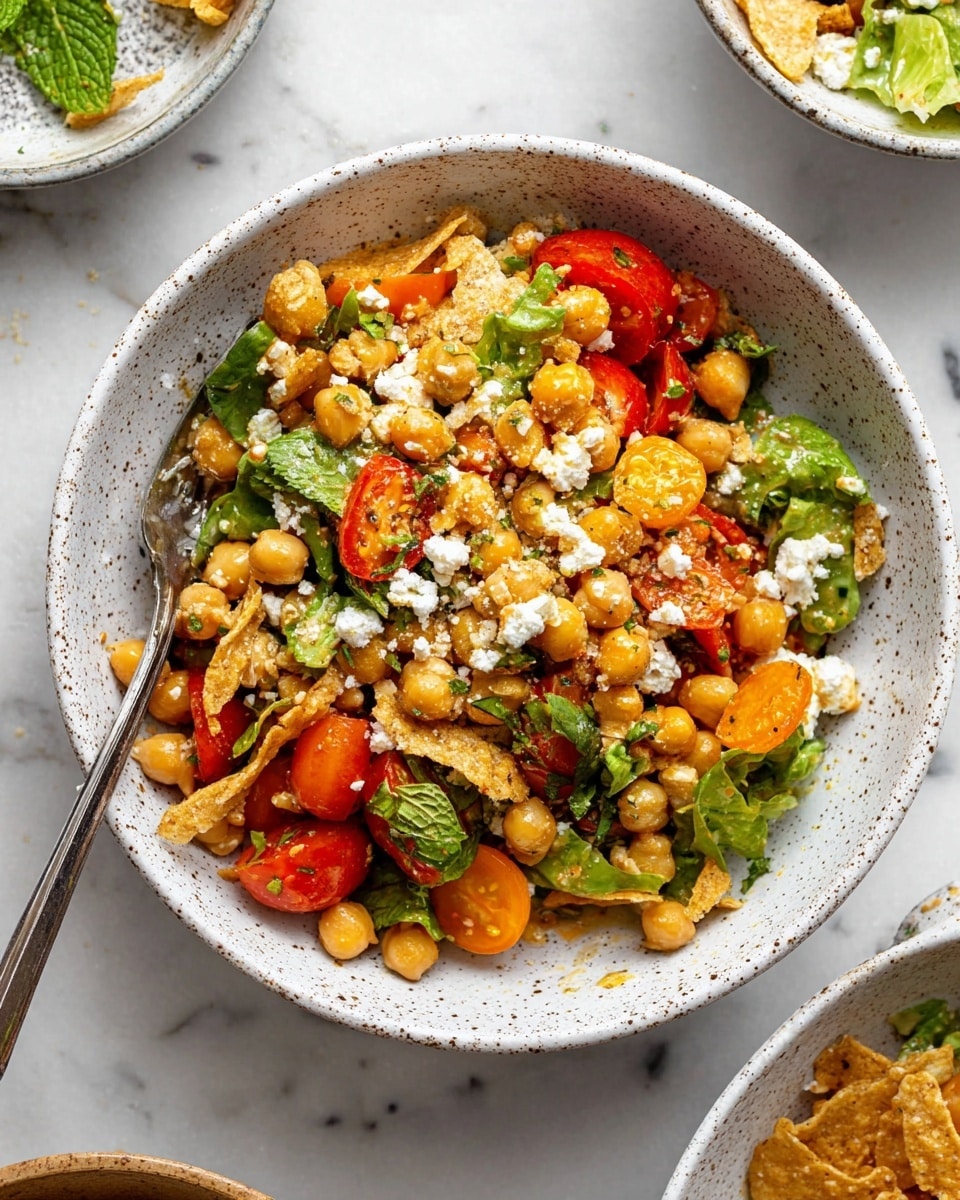 The image shows a bowl filled with a colorful salad inside a white bowl with speckled edges. The salad has three main layers: the bottom layer is made of round, light brown chickpeas scattered all over. Mixed in are bright red and orange cherry tomato halves that add bursts of color. The top layer includes small pieces of green leafy herbs, a few whole green leaves, and scattered crumbled white cheese. There are also smashed pieces of light brown crispy chips mixed in, and some creamy dressing drizzled lightly on top. A shiny silver fork rests on the left side inside the bowl. The bowl is placed on a white marbled surface and parts of other bowls are visible around it. Photo taken with an iphone --ar 4:5 --v 7