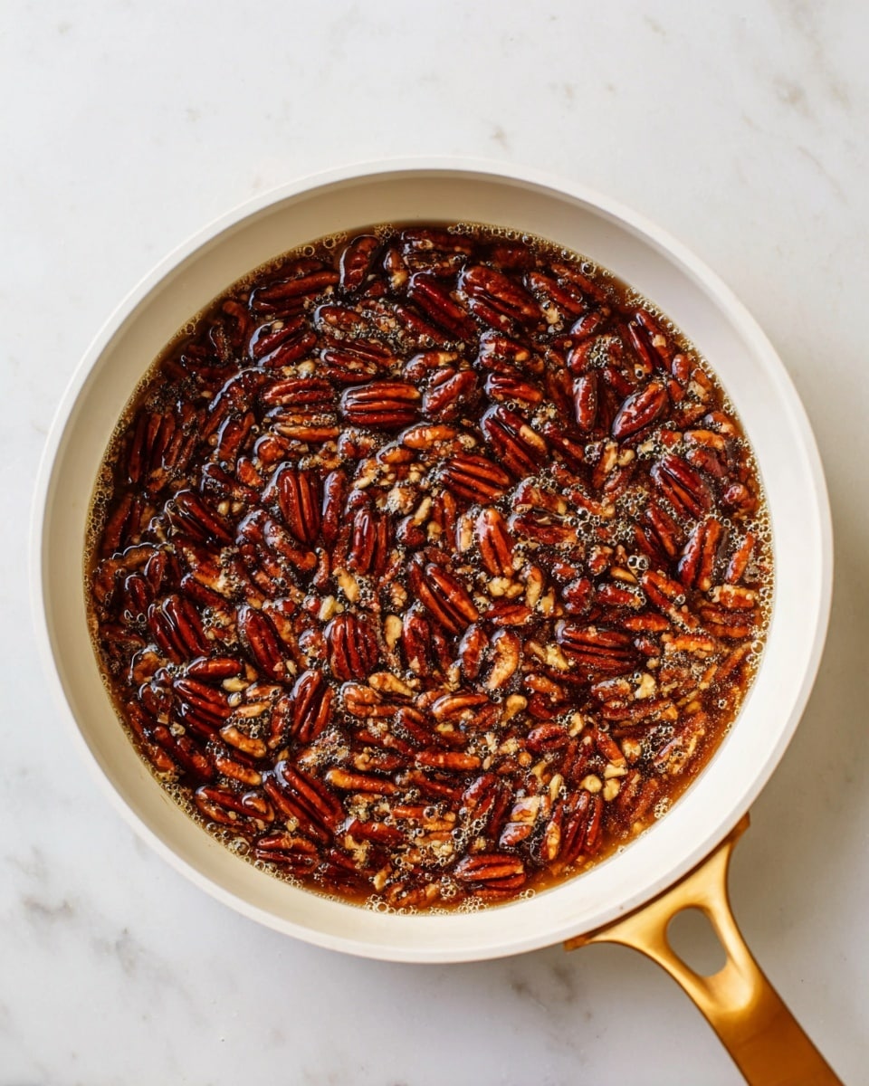 A white pan with a golden handle holds a mixture of dark brown pecan halves immersed in a shiny, thick syrup. The pecans are densely packed, covering the entire surface inside the pan. The syrup is glossy and bubbles slightly, creating a textured, sticky look around the nuts. The pan rests on a white marbled surface. photo taken with an iphone --ar 4:5 --v 7
