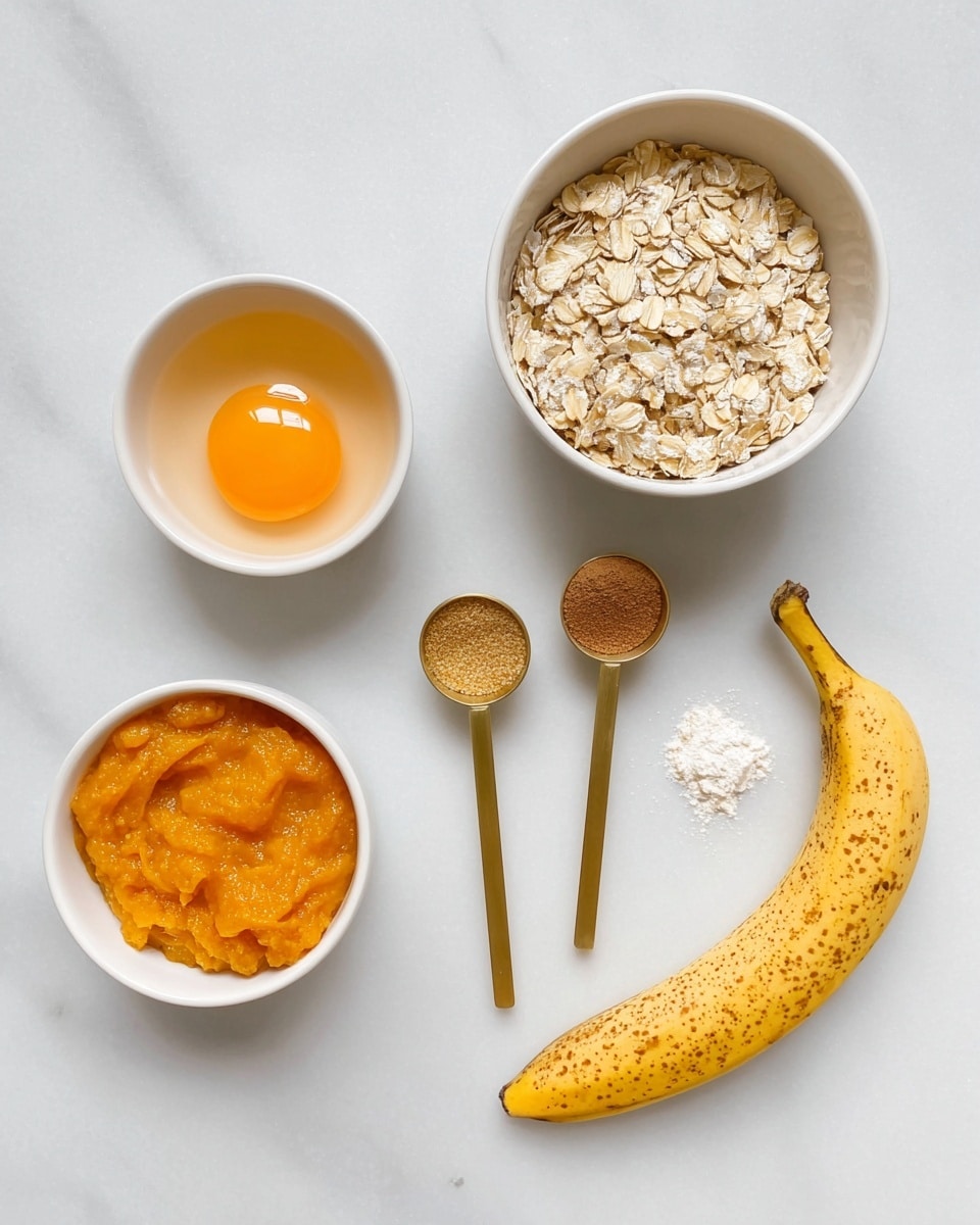 The image shows five white bowls and a banana piece on a white marbled surface. One bowl contains a single egg yolk with a shiny, smooth texture. Another bowl holds bright orange pumpkin puree with a thick, slightly chunky texture. A third bowl is filled with light beige rolled oats, dry and flat with rough edges. Three gold measuring spoons are placed near the bowls, each holding different powdered spices with brown, white, and beige colors. To the right, a half-peeled banana with brown spots on its yellow peel lays beside the bowls. The arrangement is neat and minimal, with clear details of each ingredient. Photo taken with an iphone --ar 4:5 --v 7