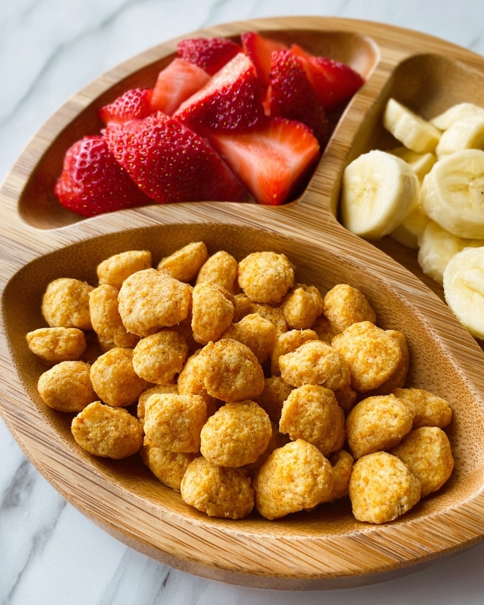 A wooden divided plate with three sections sits on a white marbled surface. The largest section is filled with small, round, golden-brown puffed snacks that have a rough texture. The top left section holds bright red, sliced strawberries with a juicy and smooth surface. The top right section contains pale yellow, sliced banana pieces that look soft and fresh. Photo taken with an iphone --ar 4:5 --v 7