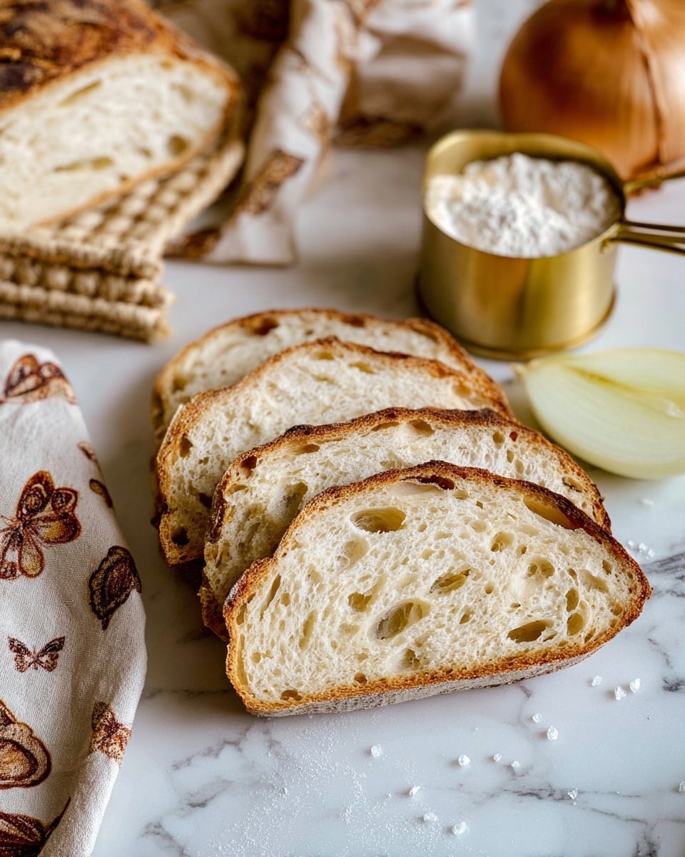 The image shows a white marbled surface with four slices of rustic bread arranged in a slightly fanned stack, showing a light golden crust and soft, airy interior with irregular holes. Next to the bread are two wedges of pale yellow onion and a brass measuring cup filled with flour. In the background is a basket and a cloth with brown and white butterfly patterns. There is some coarse salt sprinkled on the marble surface. The photo taken with an iphone --ar 4:5 --v 7