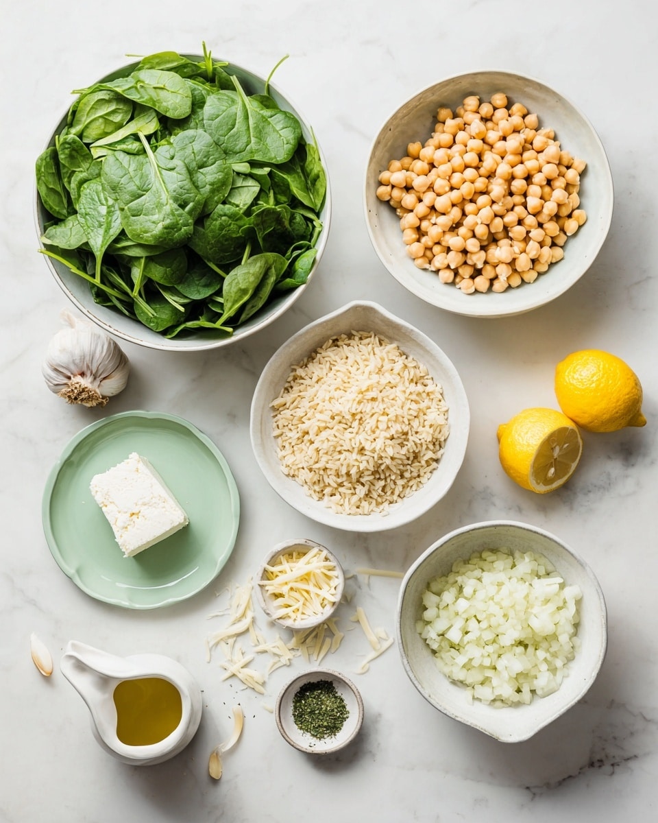 A top view of eight white bowls and plates with ingredients laid out on a white marbled surface. The largest bowl on the left is filled with fresh dark green spinach leaves, showing different shapes and textures. Next to it on the right, a medium bowl holds small round beige chickpeas, while below it, another bowl is filled with light tan cooked rice with a soft texture. Below the rice, a smaller bowl contains finely chopped white onions with a slightly shiny look. To the left of the onions, a small pale green plate has a block of white feta cheese with a crumbly surface. Above the onions, a small pale green plate holds a small pile of shredded white cheese. Scattered near the bottom left corner are peeled garlic cloves, a small white jug with yellow olive oil, and a halved yellow lemon with bright pulp inside. Two small white bowls sit in between the ingredients with finely chopped herbs and lemon zest. Photo taken with an iphone --ar 4:5 --v 7