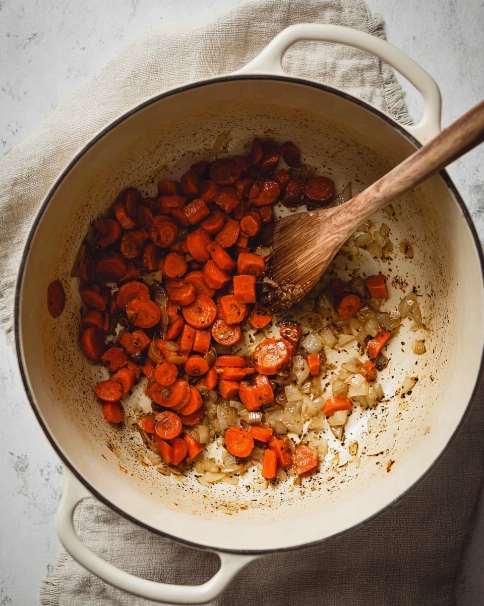 Turkey Pumpkin White Bean Chili Recipe 4 A white pot with two side handles sits on a beige cloth over a white marbled surface. Inside the pot, there is a single layer of sautéed diced onions and sliced carrots, mostly spread to one side with some bits stuck to the pot's bottom. A wooden spoon with a long handle rests inside the pot, its end dipped into the vegetables. The carrots are orange with a soft texture, and the onions are translucent with a slight brown tint from cooking. The inside of the pot shows seasoning and caramelized bits, indicating the cooking process. photo taken with an iphone --ar 4:5 --v 7