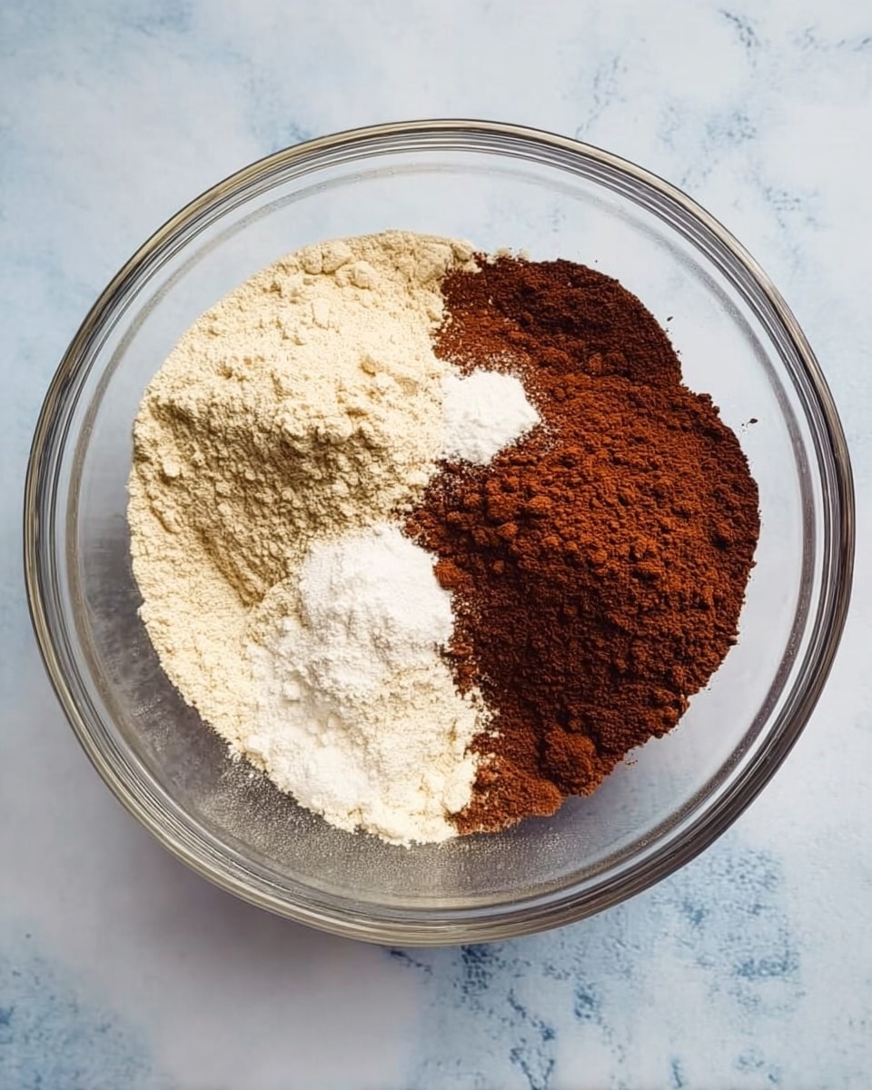 A clear glass bowl placed on a white marbled surface holds dry ingredients in separate mounds. There are three main ingredient sections: a light tan flour powder covering about half of the bowl, a dark brown cocoa powder covering a third, and two small white powder piles placed on top of the cocoa powder near the center. The powders all have fine, soft textures and sit next to each other without mixing. The view is from above, showing the round edges of the bowl and the even spread of the powders inside. Photo taken with an iphone --ar 4:5 --v 7