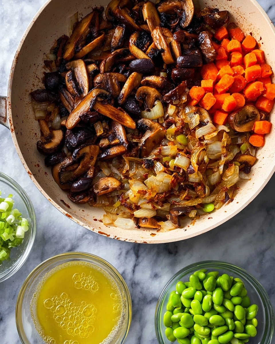 A white pan holds cooked vegetables with three main layers: the bottom layer has dark brown charred bits and oily residue, on top there are cooked onion pieces with a translucent, soft texture in light tan and white shades scattered throughout, and the top layer features large, thick slices of browned mushrooms in dark brown and golden colors mixed with small bright orange carrot cubes. Next to the pan on a white marbled surface are four small clear bowls filled with different ingredients; the top-left bowl holds a yellow liquid with bubbles, the top-right bowl and the bottom-left bowl contain sliced green onions in bright green, and the bottom-right bowl has plump green edamame beans. Photo taken with an iphone --ar 4:5 --v 7