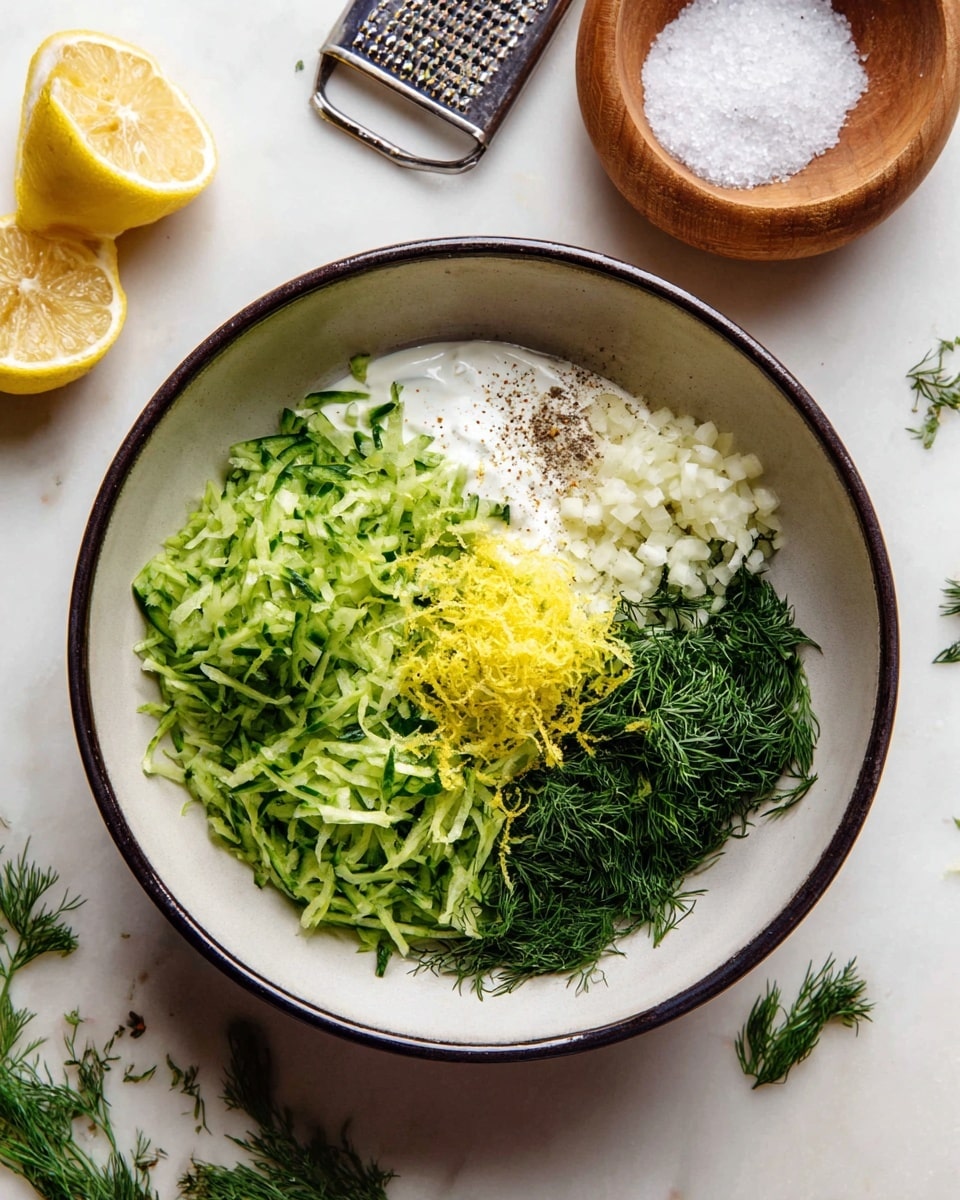 A white bowl with a dark rim holds a mix of fresh ingredients divided into clear sections: bright green shredded cucumber fills about one-third of the bowl on the left side, next to a small pile of finely chopped white garlic at the top right. Below the garlic is a creamy white base, likely yogurt or sour cream, sprinkled with coarse salt and cracked black pepper. Bright yellow lemon zest rests in the center, and in the bottom right corner, dark green dill leaves add texture and color contrast. Surrounding the bowl are a wooden bowl with salt, a metal grater with some green bits, lemon halves, and scattered dill sprigs, all set on a white marbled surface. photo taken with an iphone --ar 4:5 --v 7
