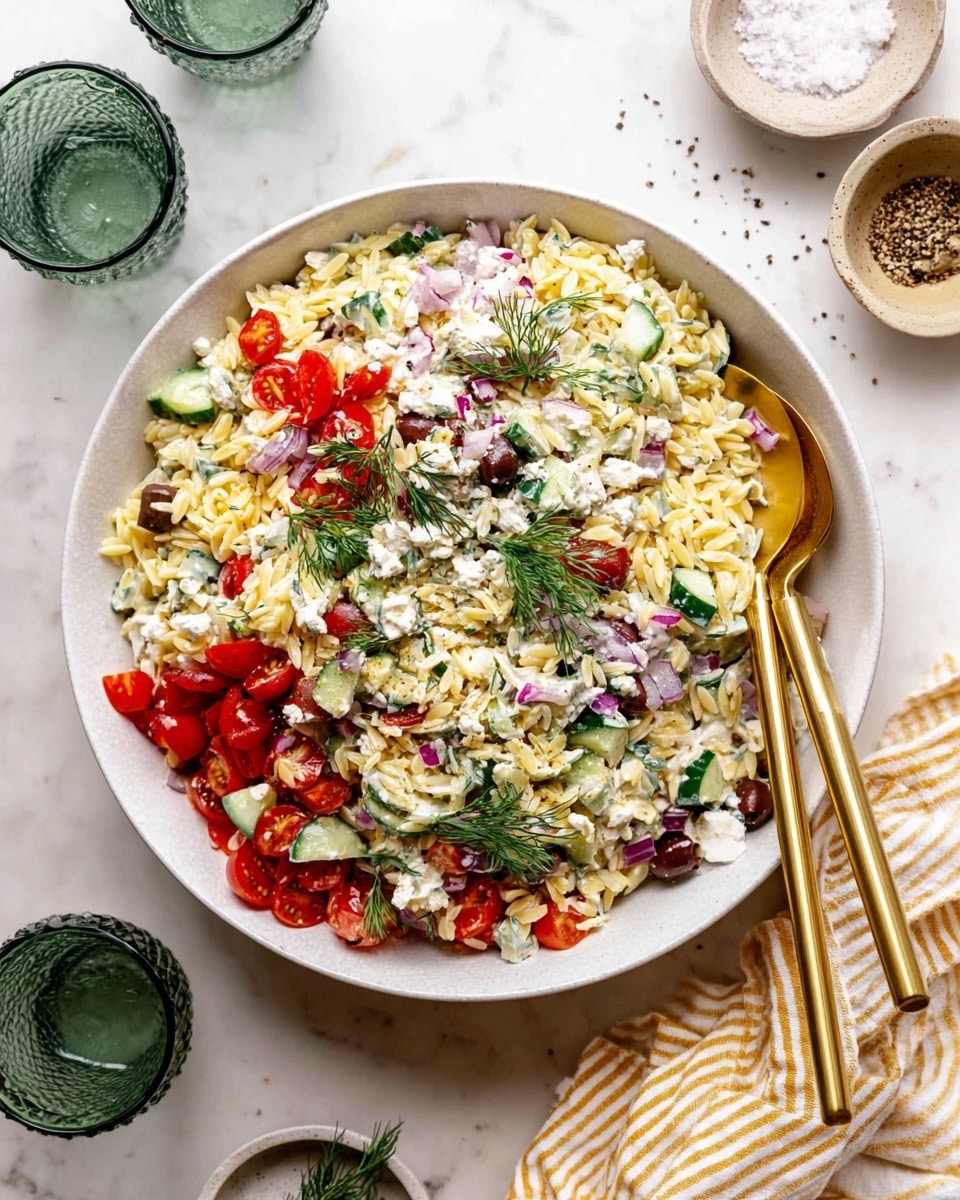 A large white bowl filled with a colorful pasta salad that has three main layers: the light yellow orzo pasta base mixed with chopped green cucumbers and red bell peppers, topped with creamy white crumbled feta cheese and scattered green olives. There are also pieces of chopped red onion and halved bright red cherry tomatoes throughout. Fresh green dill sprigs are placed on top, adding a fresh touch. Two long golden spoons rest inside the bowl on the right side. The bowl is set on a white marbled surface with a striped yellow and white cloth partially visible on the right. Around the bowl, there are small dishes with coarse salt and black pepper, and two greenish glass cups with water. Photo taken with an iphone --ar 4:5 --v 7