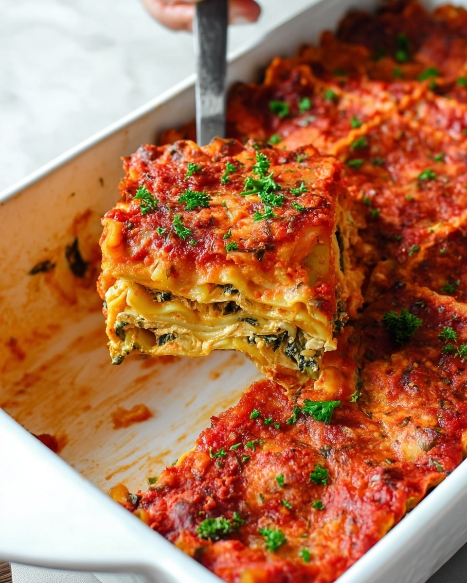 A close-up view of a white deep baking dish filled with a square-cut lasagna. The lasagna has multiple visible layers: a bright red tomato sauce layer on top with a slightly textured surface, a creamy layer beneath mixed with wilted green spinach leaves, and pasta sheets that are light yellow with a soft texture. The lasagna is sprinkled with small green parsley pieces on top. A metal spatula held by a woman's hand is lifting a piece of lasagna, showing all these layers clearly. The background surface is a white marbled texture. photo taken with an iphone --ar 4:5 --v 7