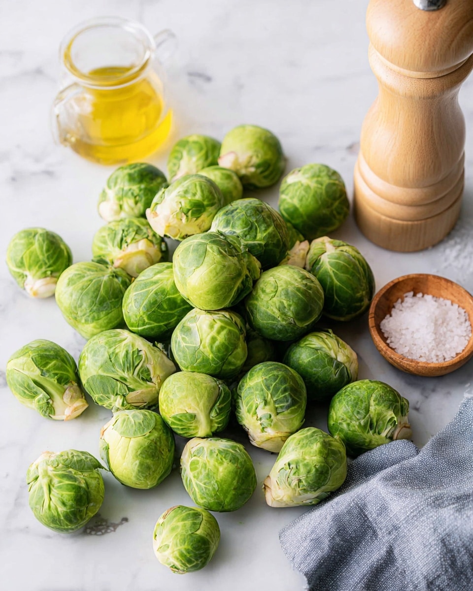 A collection of fresh green Brussels sprouts scattered over a white marbled surface, showing their round shapes and tight leafy texture. To the right side, there is a light wooden pepper grinder standing upright. On the left, a small glass jar of golden oil and a small wooden bowl filled with coarse white salt are placed. A folded grey kitchen towel can be seen on the right edge of the image, adding a soft fabric texture to the setting, photo taken with an iphone --ar 4:5 --v 7