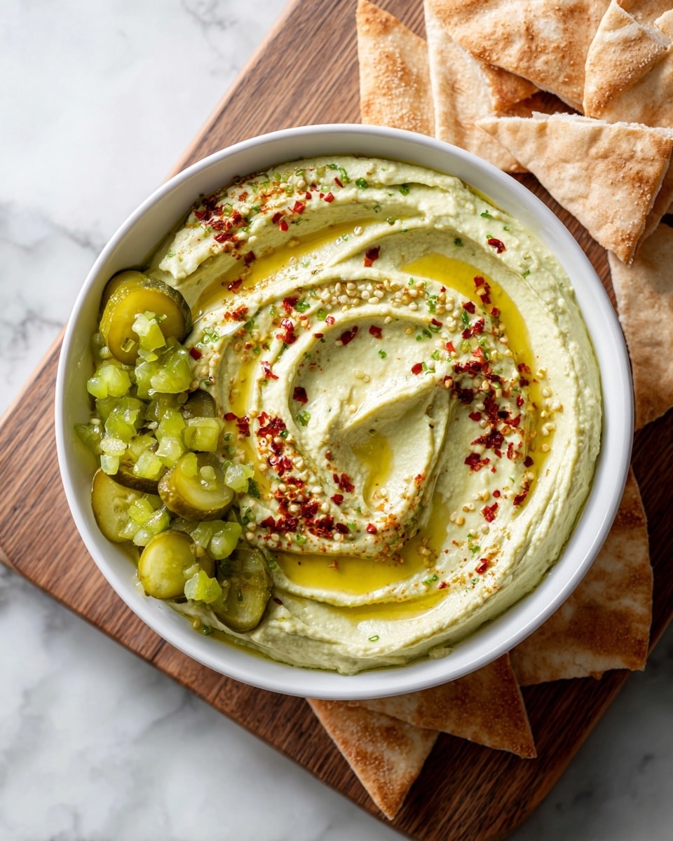 A white bowl filled with creamy, light green hummus that has smooth, swirled layers creating gentle ridges. The hummus is topped with a drizzle of golden olive oil that pools in the swirls, red chili flakes scattered mainly in one section, and a cluster of bright green chopped pickles on one side. Below the chopped pickles, there is a neat row of round pickle slices lined up close together. The bowl sits on a white marbled surface with triangular pieces of pita bread arranged nearby on a wooden board and the marble. Photo taken with an iphone --ar 4:5 --v 7