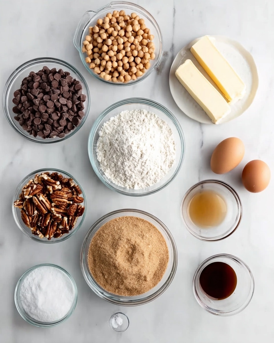 The image shows nine clear glass bowls and one white bowl arranged on a white marbled surface. The top row has a glass bowl of light brown small round nuts or chickpeas, and a white bowl with two sticks of pale yellow butter. Below that, there is a glass bowl filled with dark brown chocolate chips on the left and a large glass bowl of white flour in the center. Below these, a small glass bowl with roughly chopped brown pecans is on the left, and a small glass bowl of white sugar is in the center. In the bottom section, there is a large glass bowl of light brown sugar, a small glass bowl with a dark brown liquid (vanilla extract), a small glass bowl of white salt, and two brown eggs placed directly on the white marbled surface. photo taken with an iphone --ar 4:5 --v 7