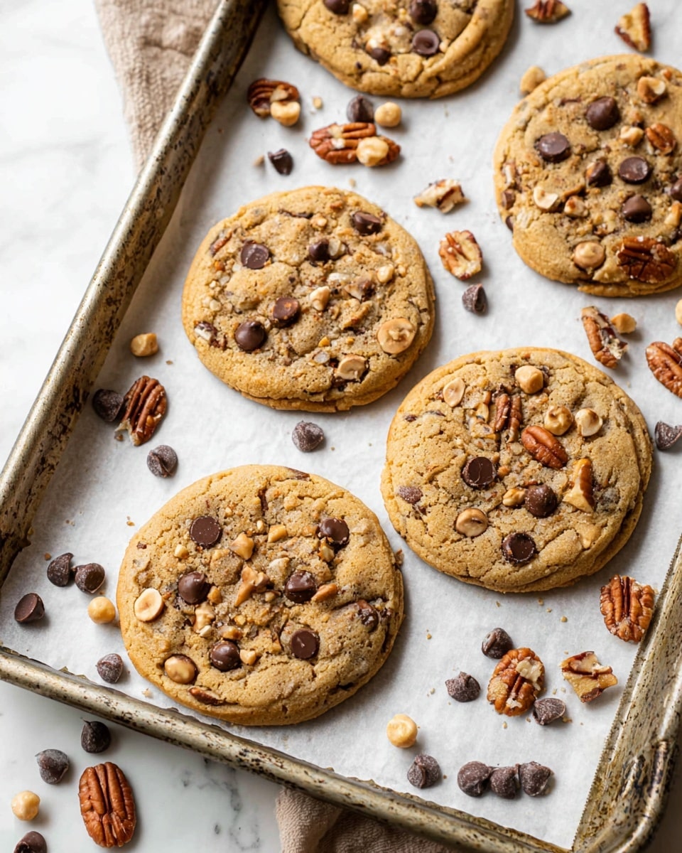 The image shows a baking tray lined with white parchment paper holding several large round cookies. Each cookie is golden-brown, with a textured surface dotted with dark chocolate chips, light brown hazelnuts, and pieces of pecans spread on top and embedded inside. The cookies have slightly uneven edges and a soft, crumbly look. Scattered around the cookies on the parchment paper are extra chocolate chips, hazelnuts, and pecan pieces. The tray rests on a white marbled surface. photo taken with an iphone --ar 4:5 --v 7