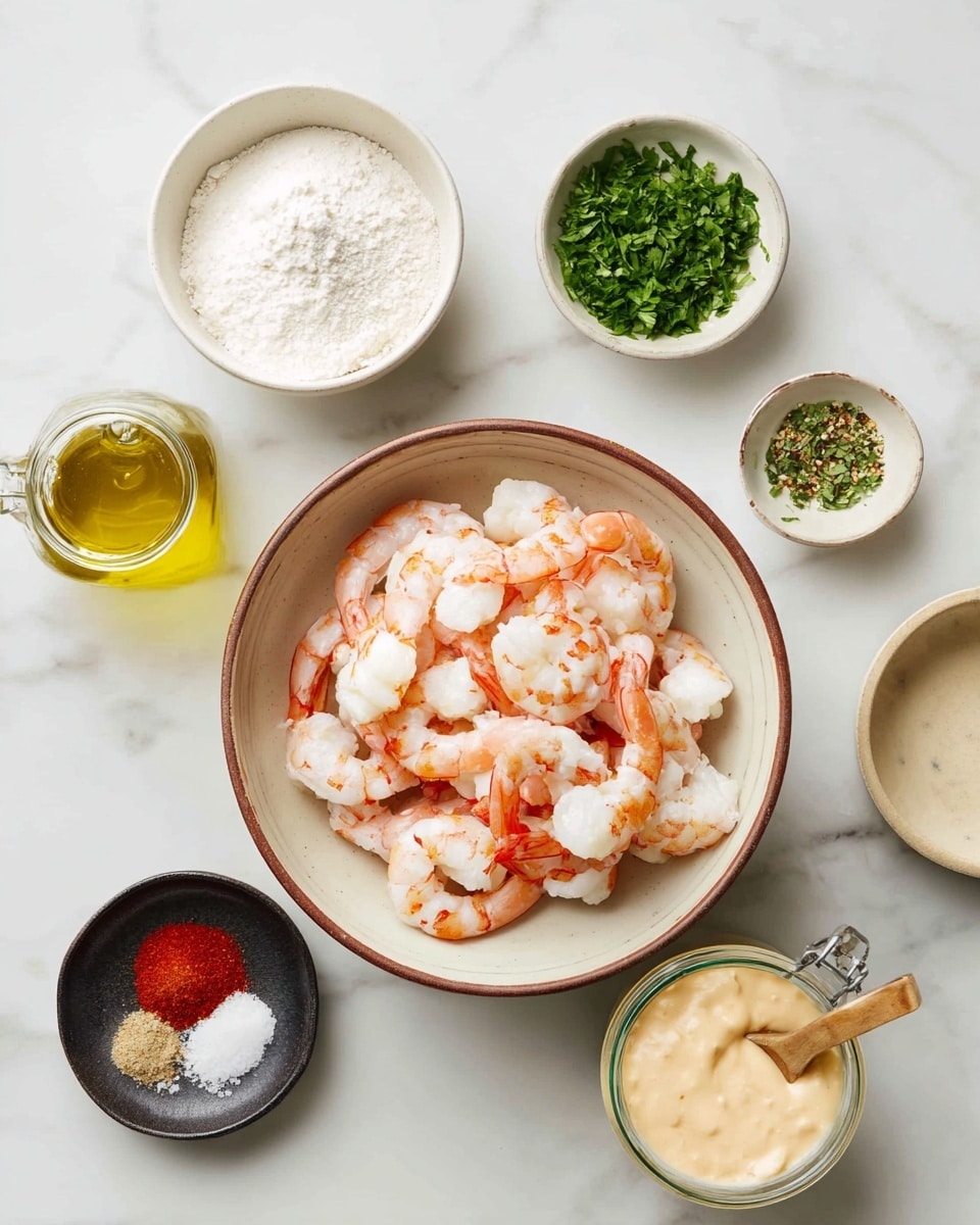 A large white bowl with a brown rim holds a pile of peeled shrimp, mostly pink and white with red-orange lines, placed in the center of a white marbled surface. Around the bowl are six smaller white bowls and containers: to the top right, a small white bowl with chopped green herbs; below it, a large white bowl filled with white powder; directly below that, a clear glass bottle with light yellow oil and a wooden spoon in it; bottom center, a white bowl with a creamy white liquid; to the bottom left, a glass jar with light orange sauce topped with chopped herbs and a spoon; top left, a black bowl holding three small piles of white salt, red spice, and a light beige powder. photo taken with an iphone --ar 4:5 --v 7