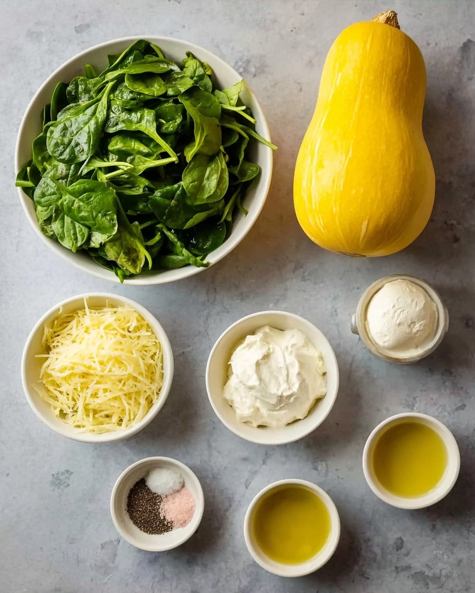 The image shows eight ingredients on a white marbled surface. On the top left is a white bowl full of chopped green spinach leaves with a fresh texture. Next to it on the right is a whole bright yellow spaghetti squash. Below the spinach bowl is a small white bowl holding shredded pale yellow cheese. To its right is a tiny white bowl containing a round scoop of soft white cream cheese. Below the cheese bowl is a small white bowl with a mix of black pepper and pink salt. To the right of this is another small white bowl filled with a thick white cream. On the bottom left is a white bowl with minced garlic that has a light yellow color. Lastly, on the bottom right is a tiny white bowl with golden yellow olive oil. The photo taken with an iphone --ar 4:5 --v 7