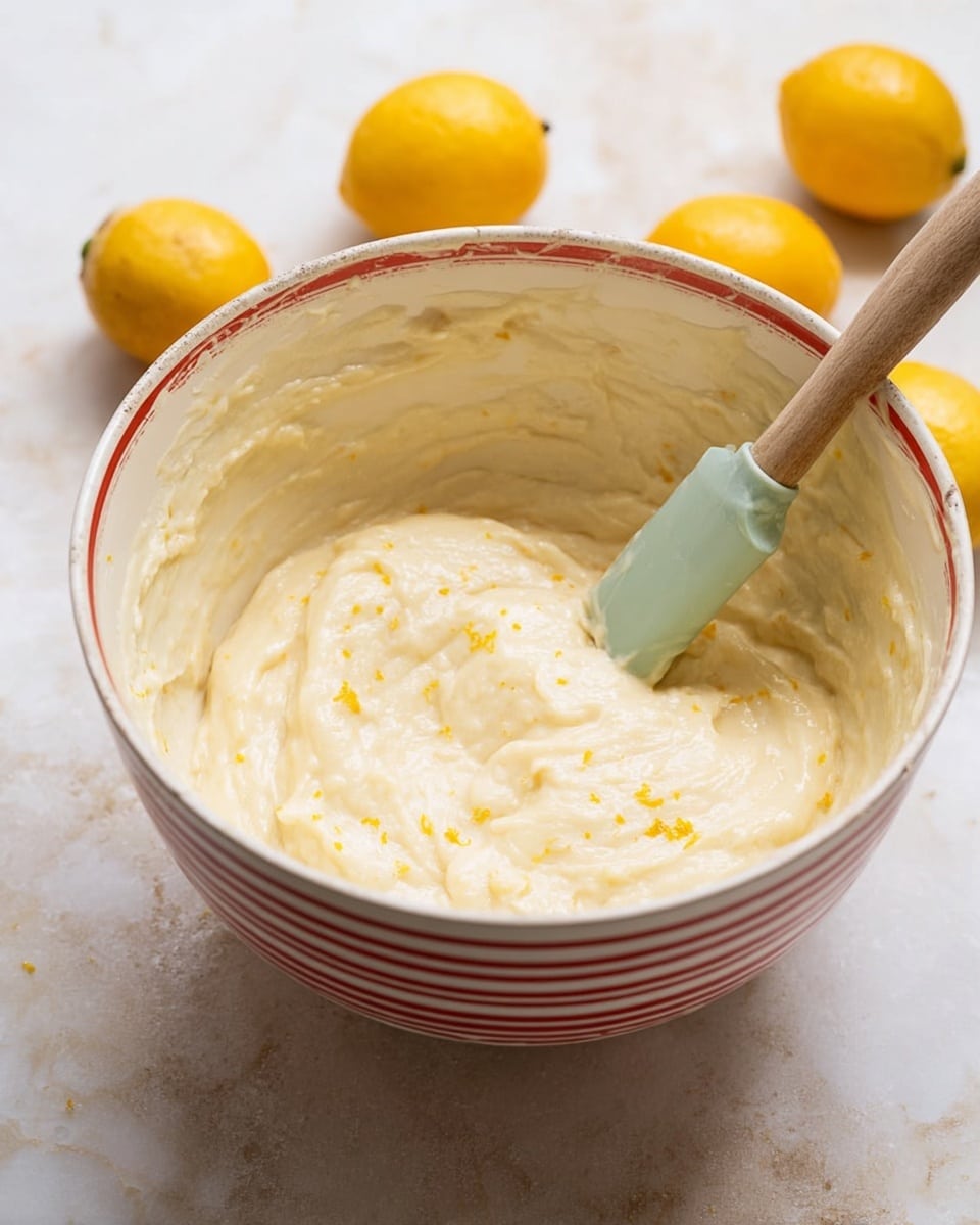A large white bowl with red stripes contains a thick, creamy pale-yellow batter with small bits of lemon zest mixed in. The batter has a smooth and slightly lumpy texture, filling most of the bowl. A wooden spatula with a pale green silicone tip rests inside, partially covered with the batter. Three whole yellow lemons are placed around the bowl on a white marbled surface in soft lighting. Photo taken with an iphone --ar 4:5 --v 7