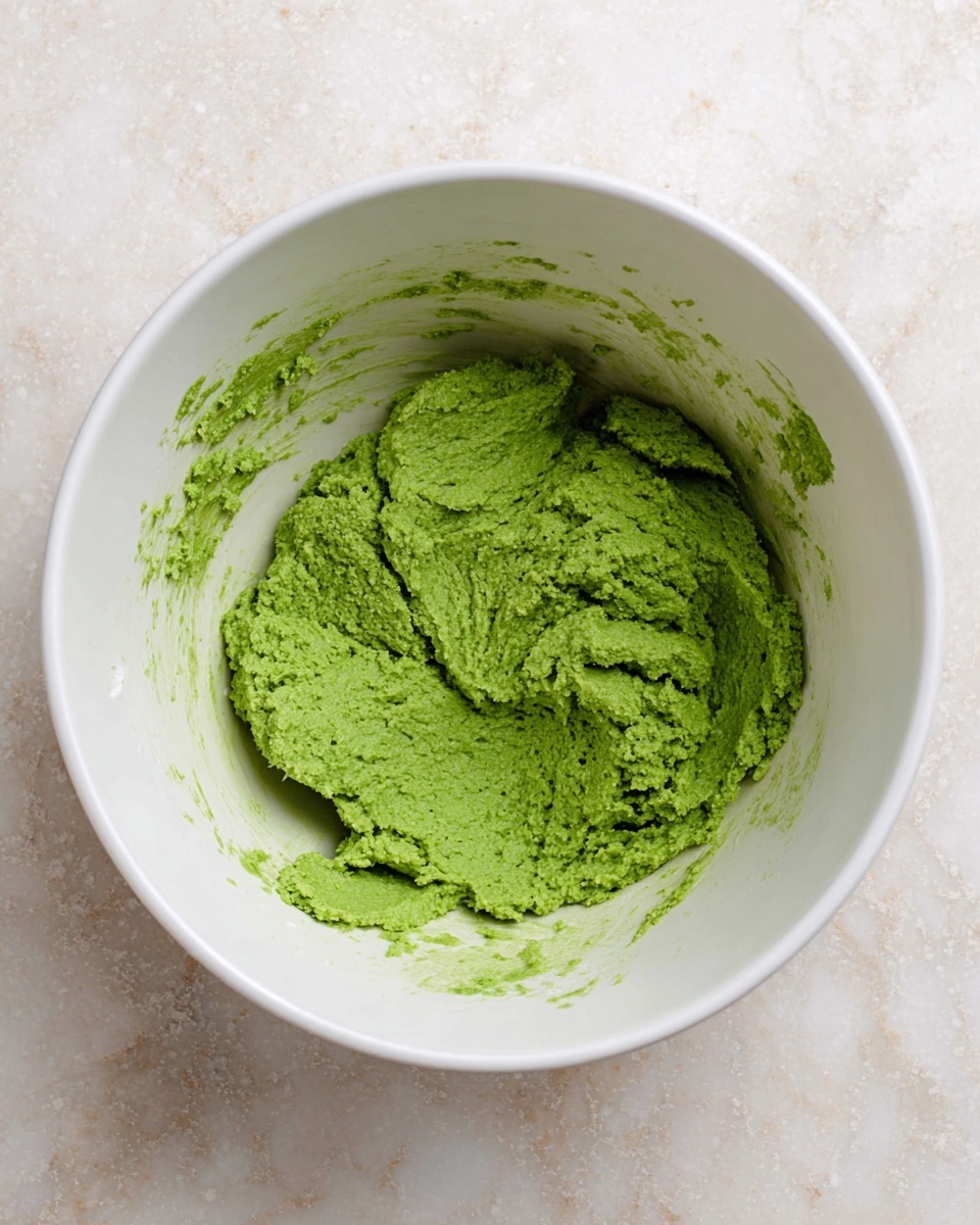 The image shows a white bowl filled with a single layer of thick, rough-textured green dough, which looks slightly crumbly and packed. The dough sits in the bottom center of the bowl, with some traces of green residue spread unevenly along the inner sides of the bowl. The bowl is placed on a white marbled texture surface. photo taken with an iphone --ar 4:5 --v 7