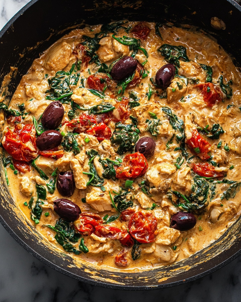 A close-up view inside a black pan filled with a creamy dish showing three main layers mixed together: the base layer is light orange cream sauce with visible chunks of beige chicken pieces scattered throughout, the middle layer consists of green leafy spinach and bright red roasted tomato pieces, and the top layer features dark purple olives dotted evenly around the pan, all mingling together with a slightly thick texture. The edges of the pan inside show slight remnants of the sauce, and the pan rests on a white marbled surface. Photo taken with an iphone --ar 4:5 --v 7